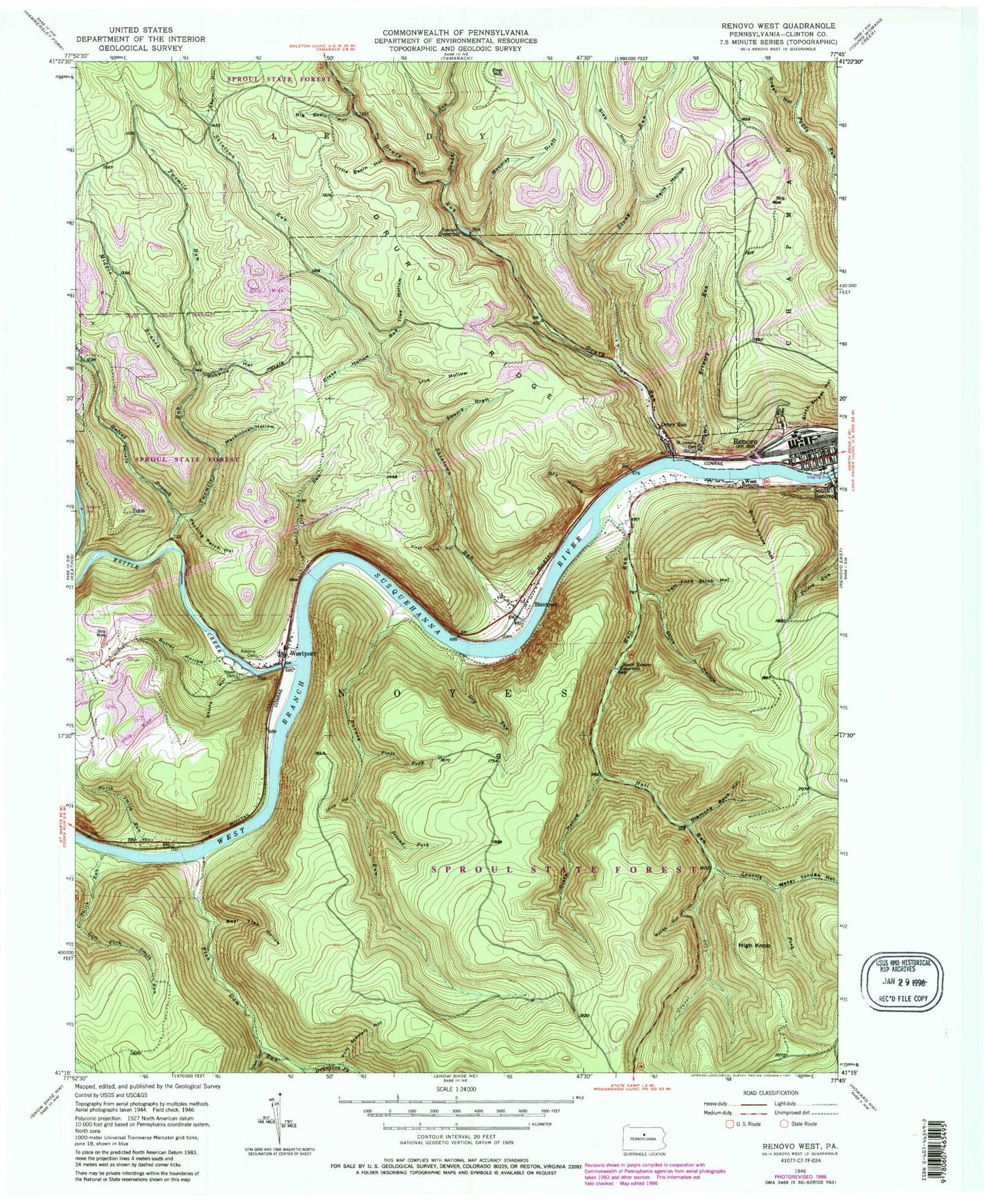 Classic USGS Renovo West Pennsylvania 7.5'x7.5' Topo Map Image