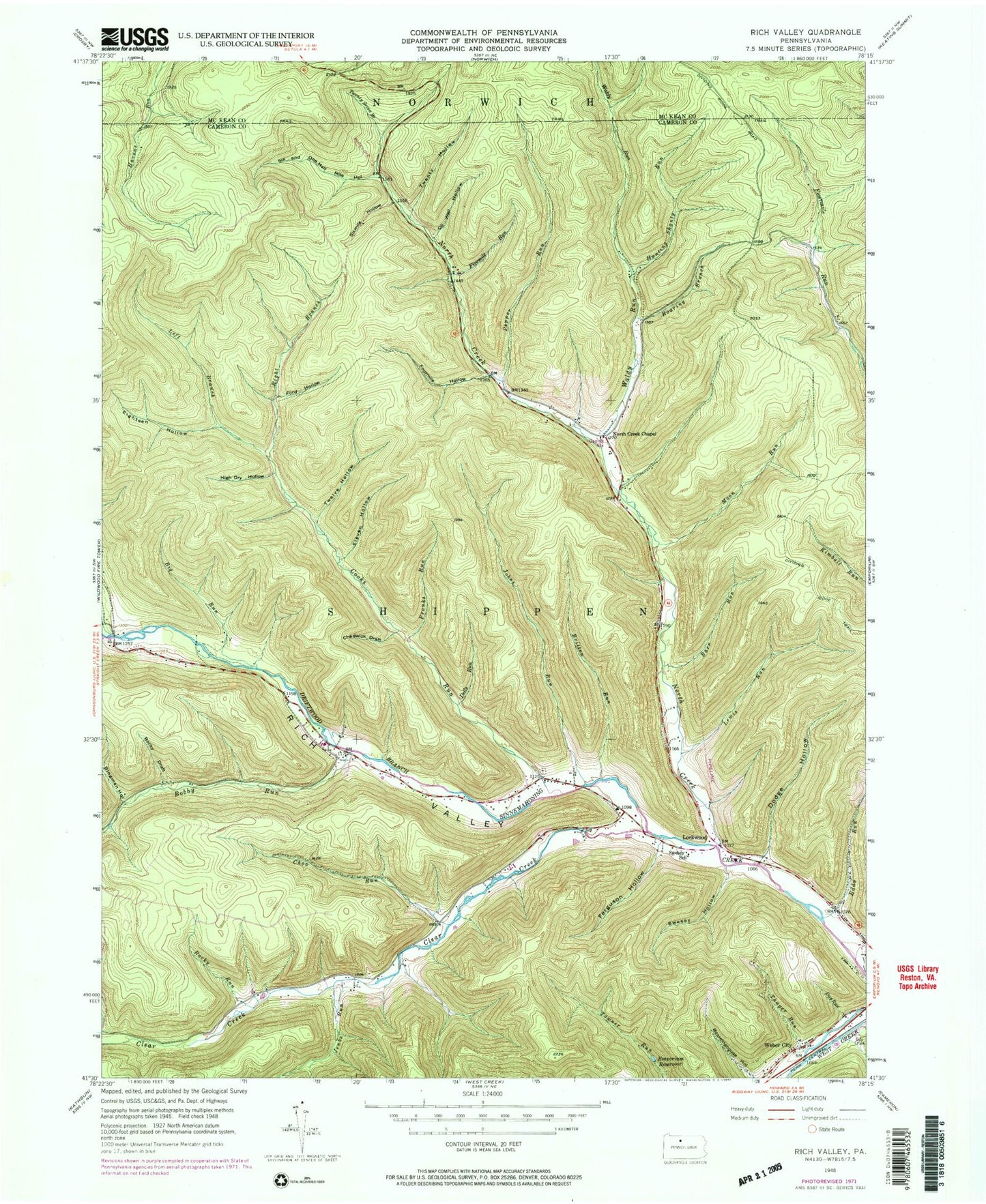 Classic USGS Rich Valley Pennsylvania 7.5'x7.5' Topo Map Image
