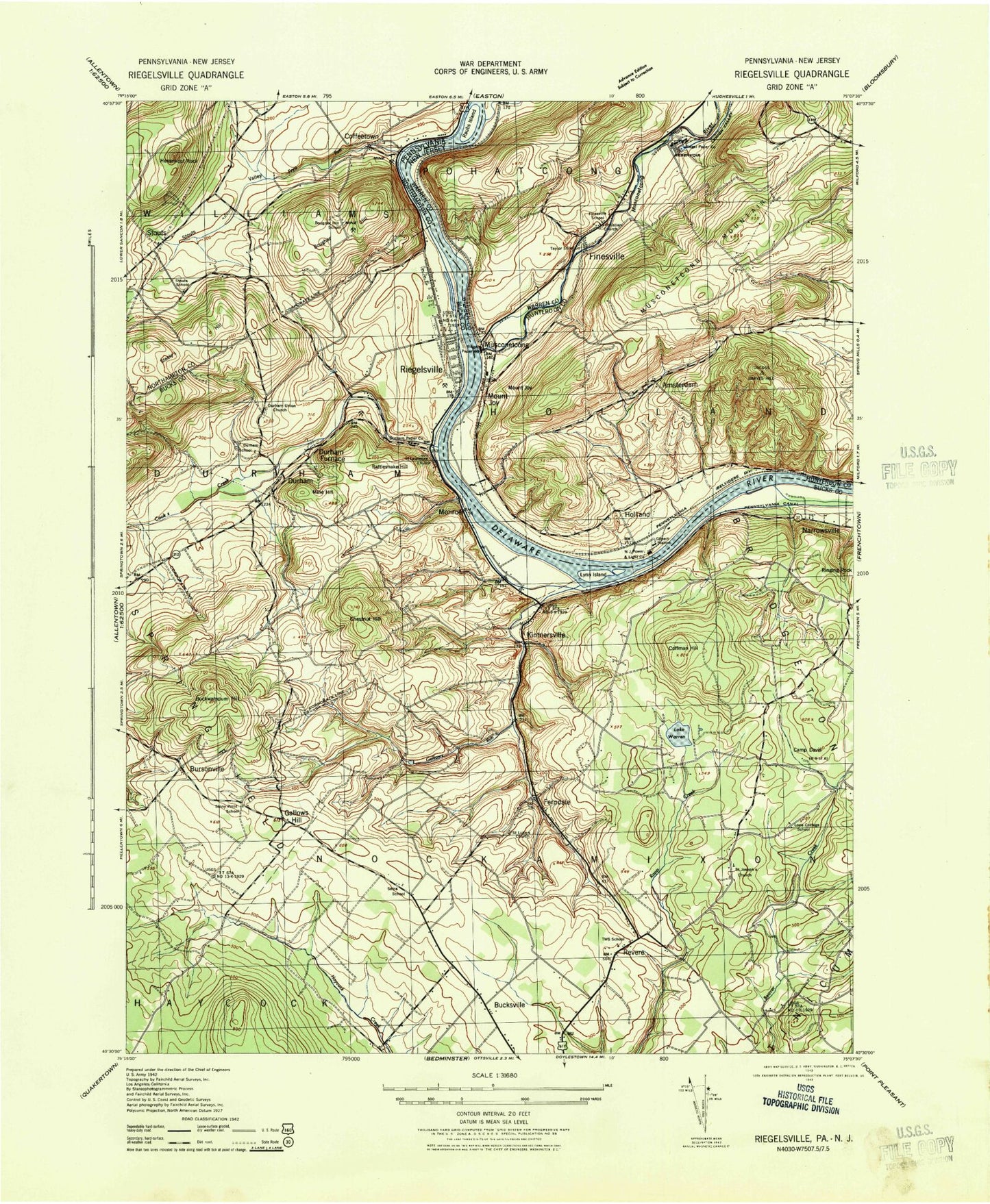 Classic USGS Riegelsville Pennsylvania 7.5'x7.5' Topo Map Image