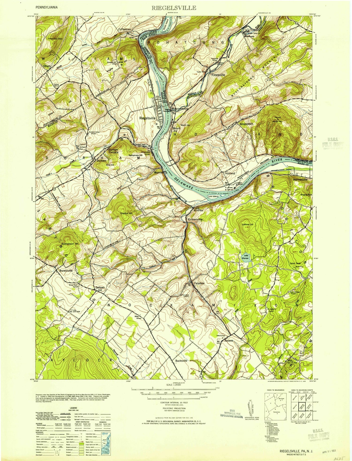 Classic USGS Riegelsville Pennsylvania 7.5'x7.5' Topo Map Image