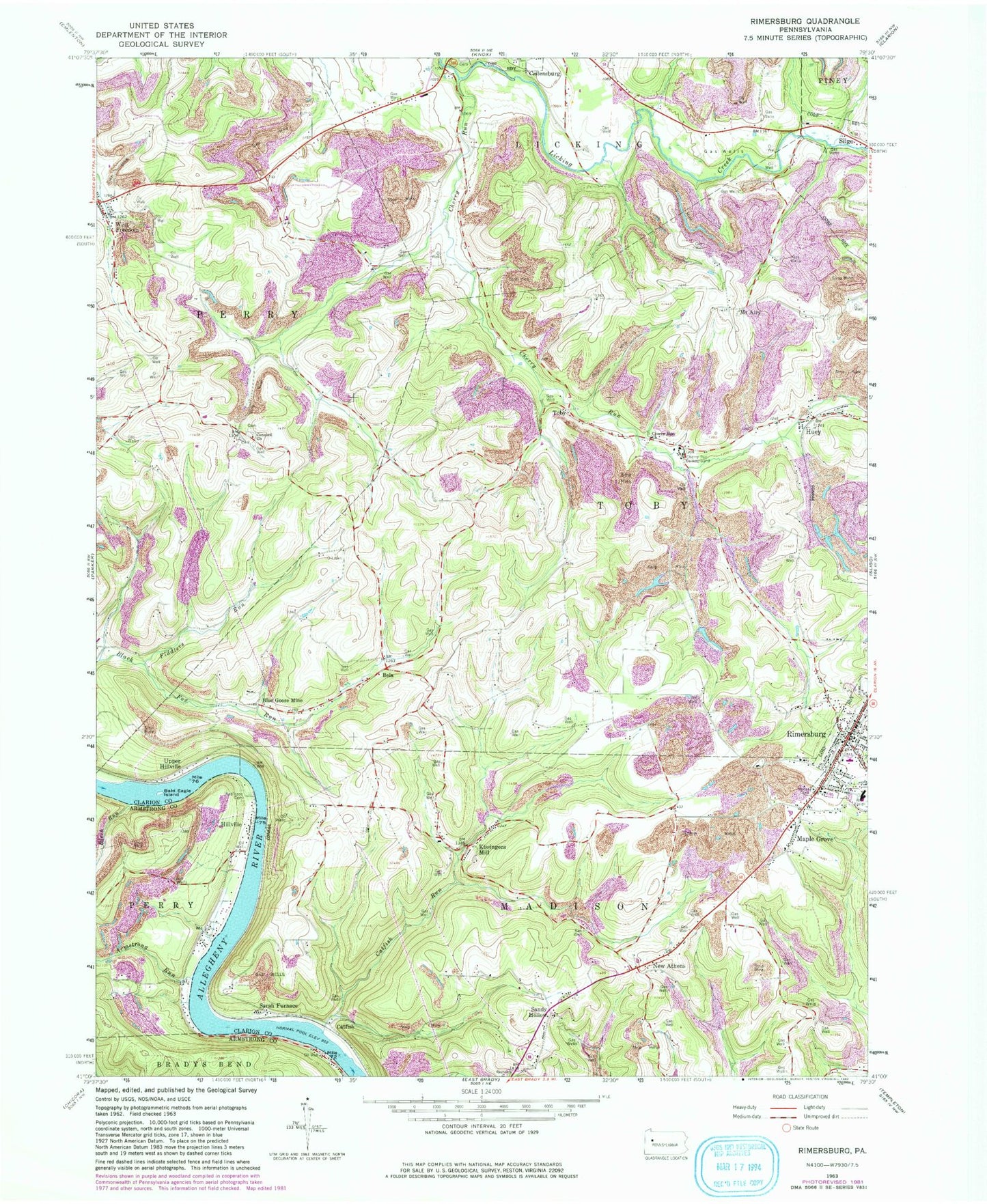 Classic USGS Rimersburg Pennsylvania 7.5'x7.5' Topo Map Image