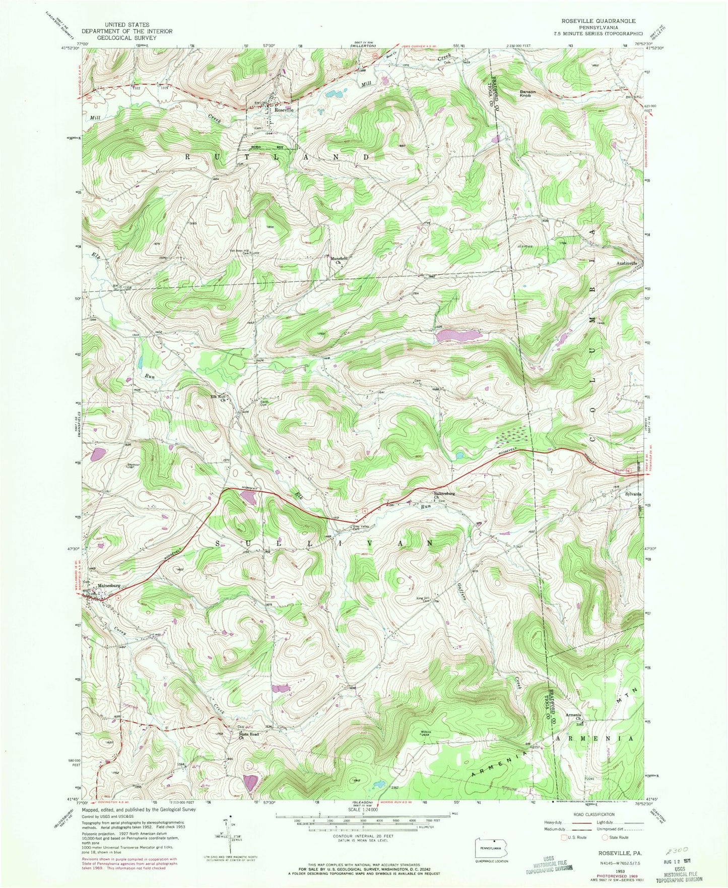 Classic USGS Roseville Pennsylvania 7.5'x7.5' Topo Map Image