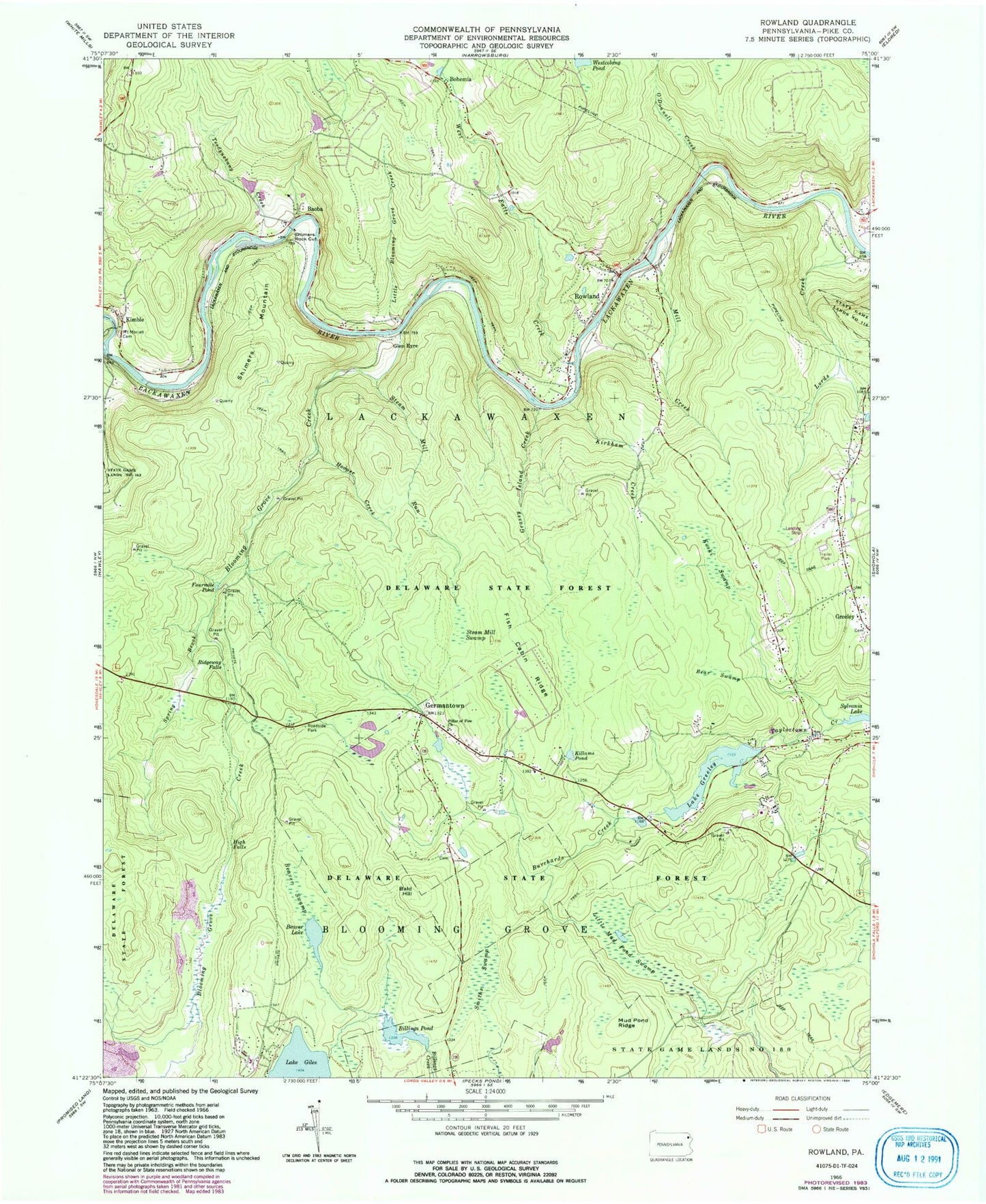 Classic USGS Rowland Pennsylvania 7.5'x7.5' Topo Map Image