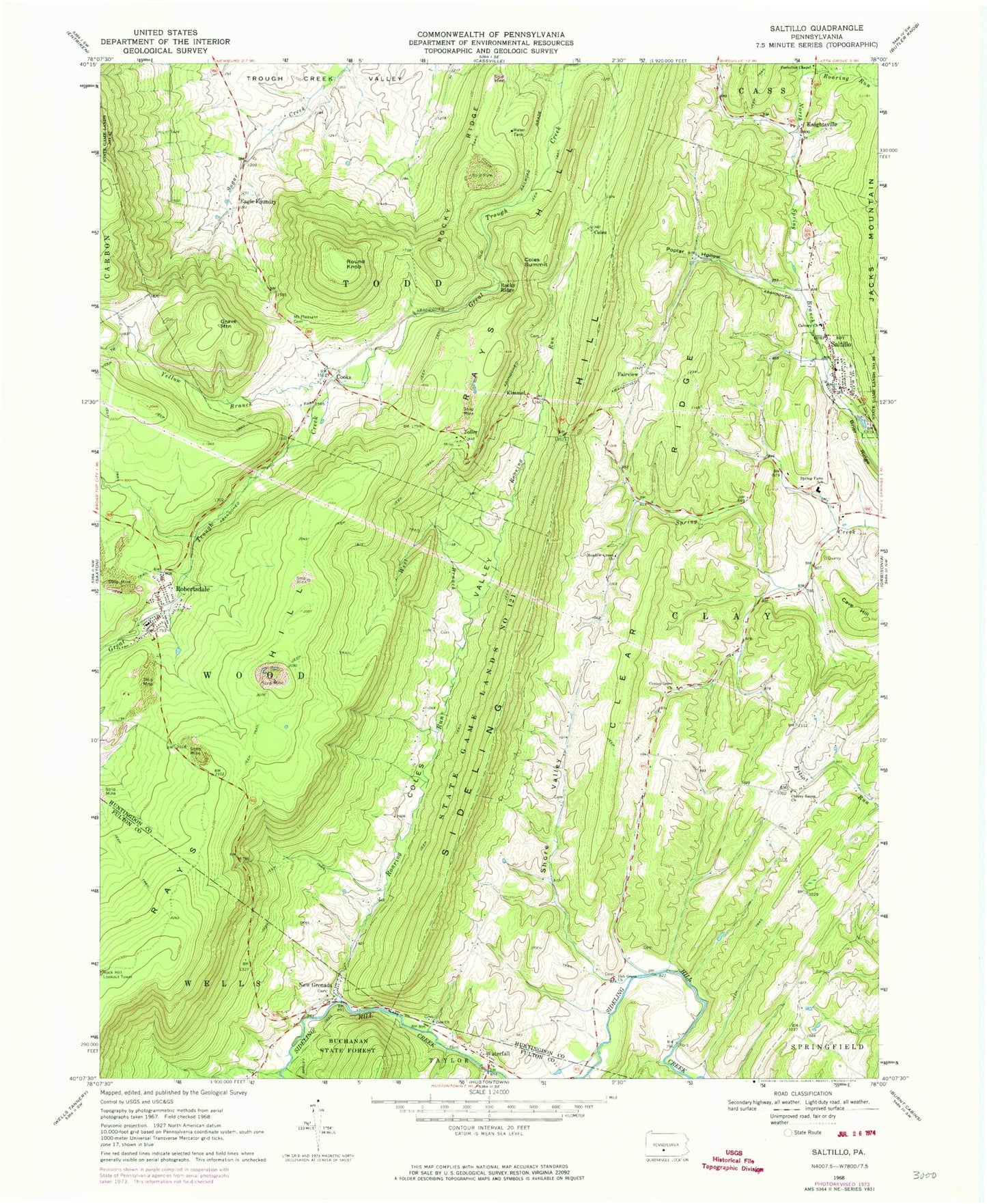 Classic USGS Saltillo Pennsylvania 7.5'x7.5' Topo Map Image