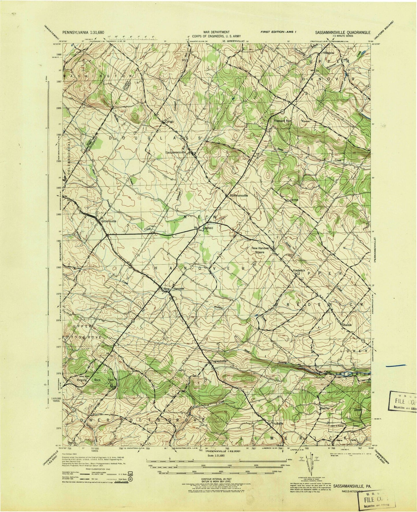 Classic USGS Sassamansville Pennsylvania 7.5'x7.5' Topo Map Image