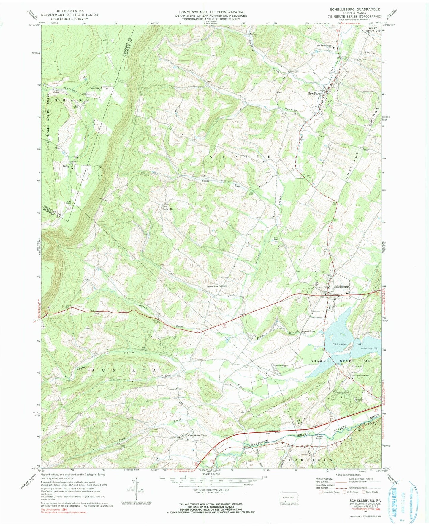 Classic USGS Schellsburg Pennsylvania 7.5'x7.5' Topo Map Image