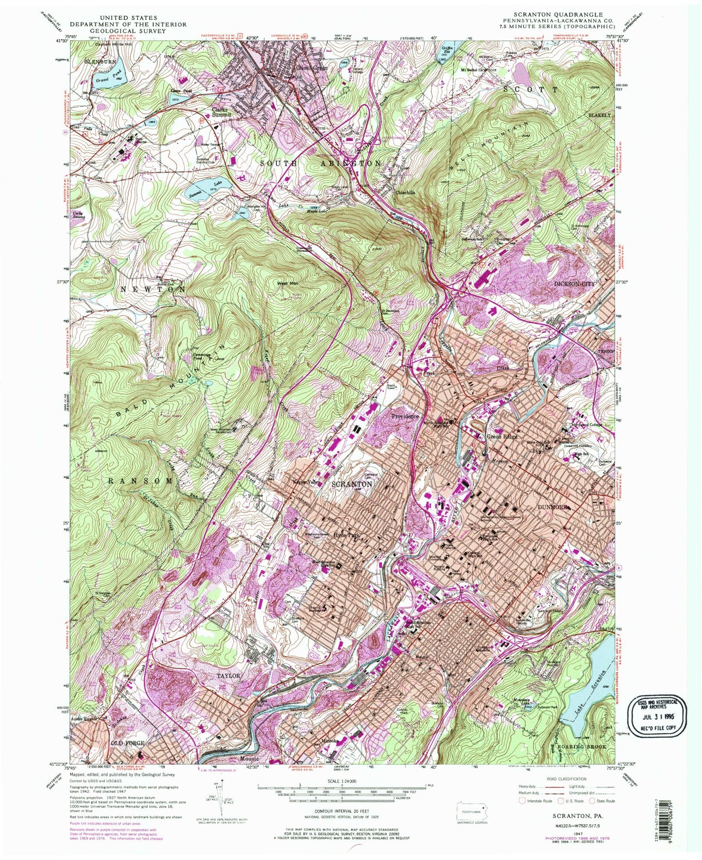 Classic USGS Scranton Pennsylvania 7.5'x7.5' Topo Map Image