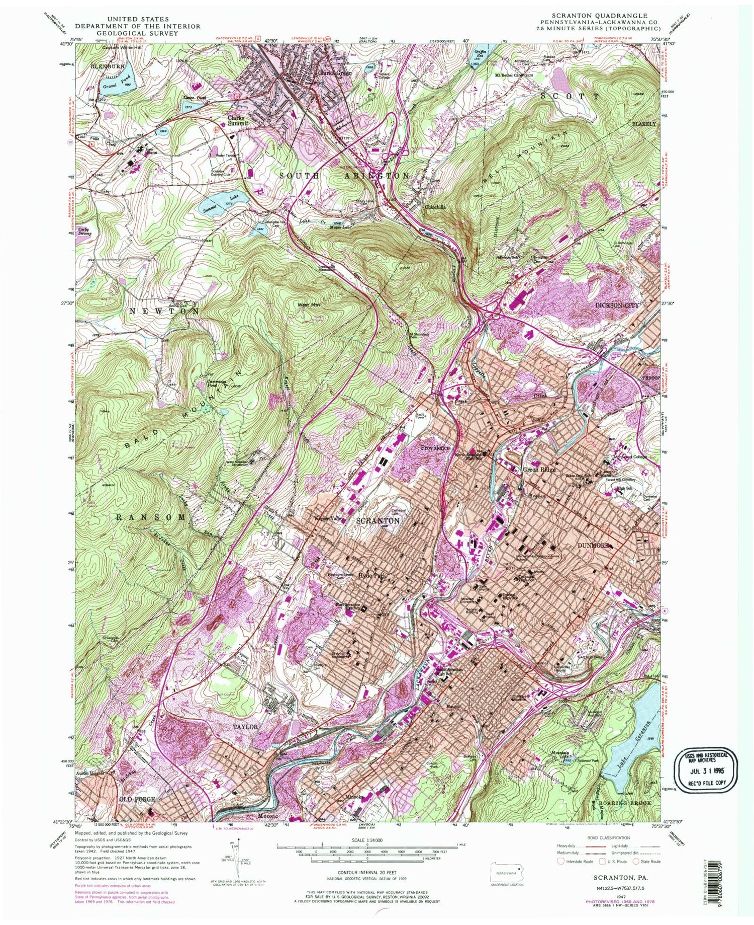 Classic USGS Scranton Pennsylvania 7.5'x7.5' Topo Map Image