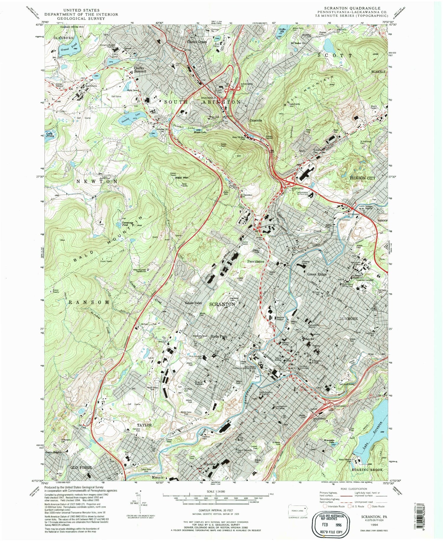 Classic USGS Scranton Pennsylvania 7.5'x7.5' Topo Map Image