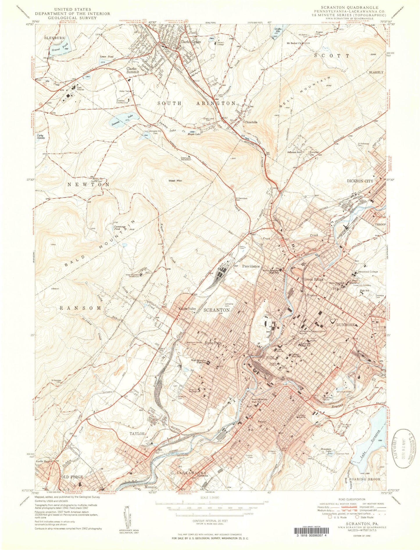 Classic USGS Scranton Pennsylvania 7.5'x7.5' Topo Map Image
