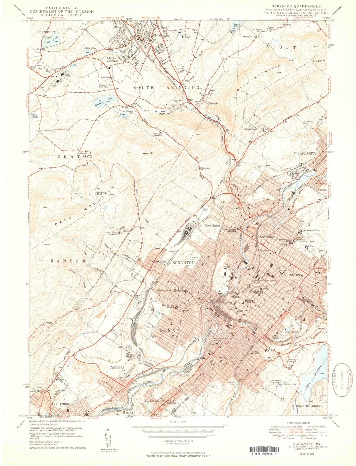 Classic USGS Scranton Pennsylvania 7.5'x7.5' Topo Map Image