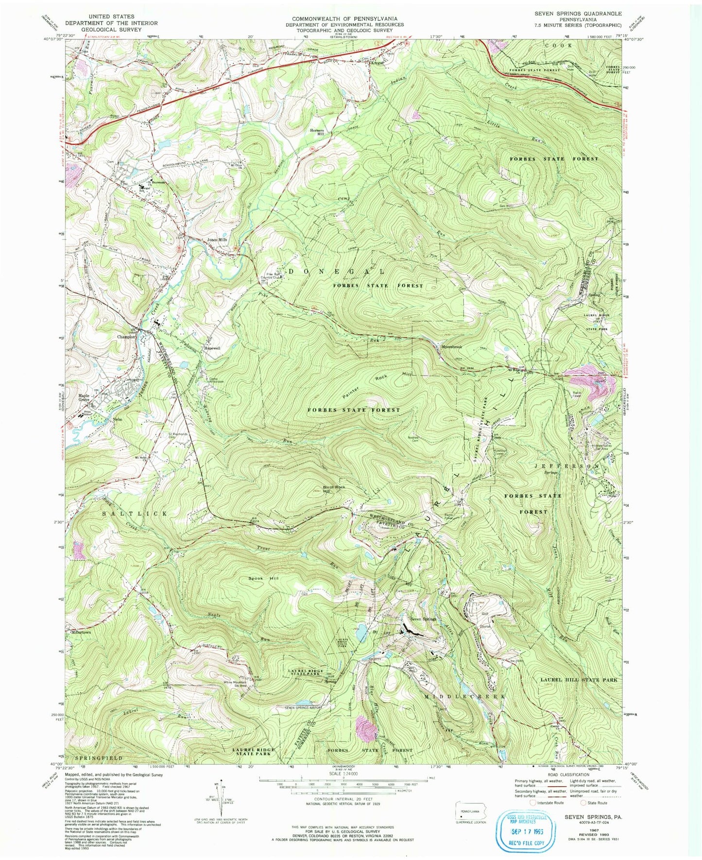 Classic USGS Seven Springs Pennsylvania 7.5'x7.5' Topo Map Image