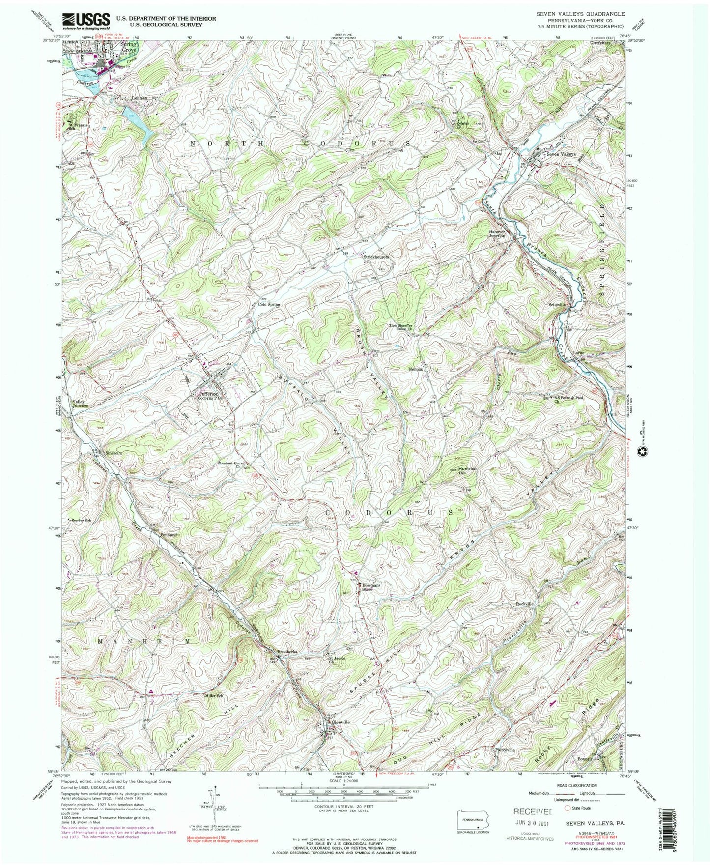 Classic USGS Seven Valleys Pennsylvania 7.5'x7.5' Topo Map Image