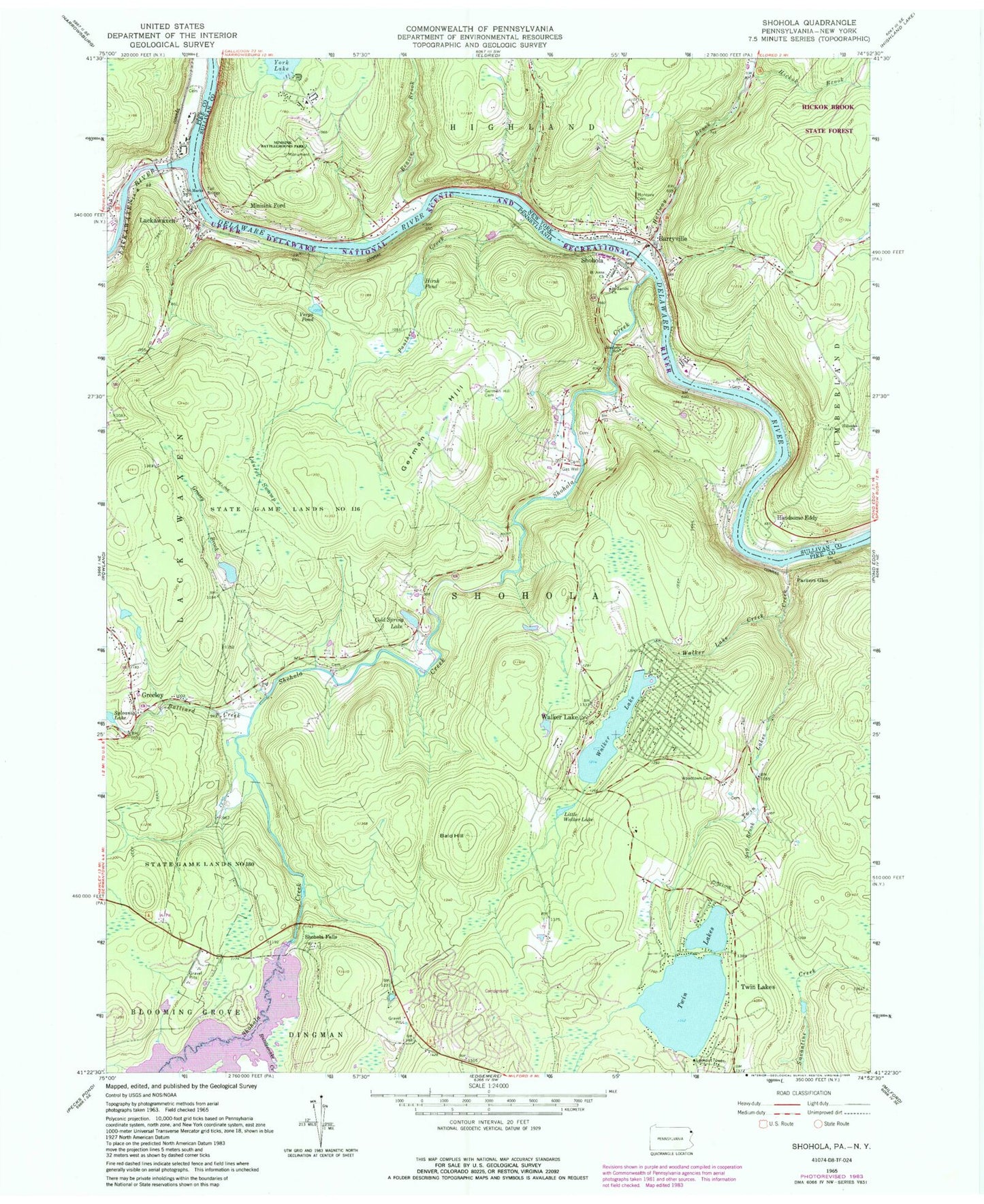 Classic USGS Shohola Pennsylvania 7.5'x7.5' Topo Map Image