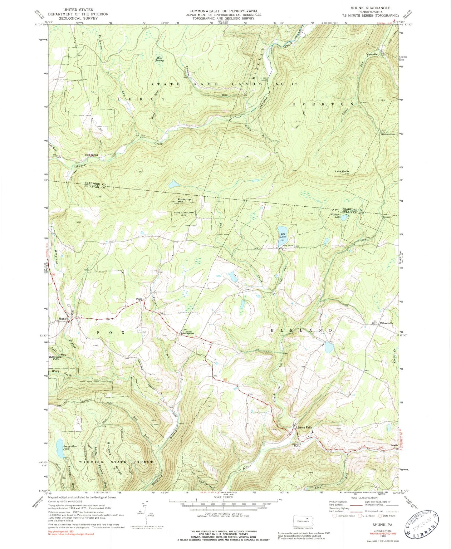 Classic USGS Shunk Pennsylvania 7.5'x7.5' Topo Map Image
