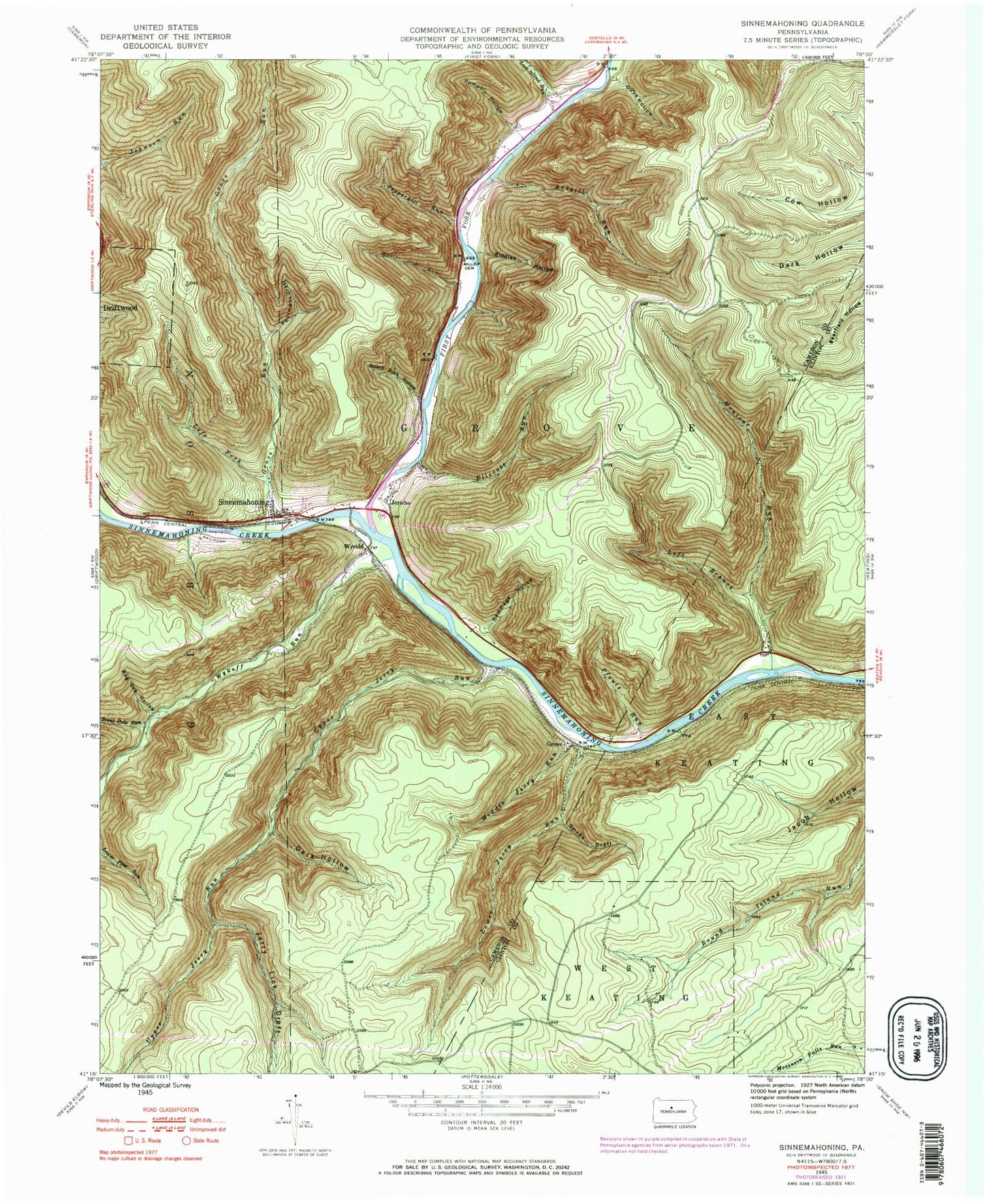 Classic USGS Sinnemahoning Pennsylvania 7.5'x7.5' Topo Map Image