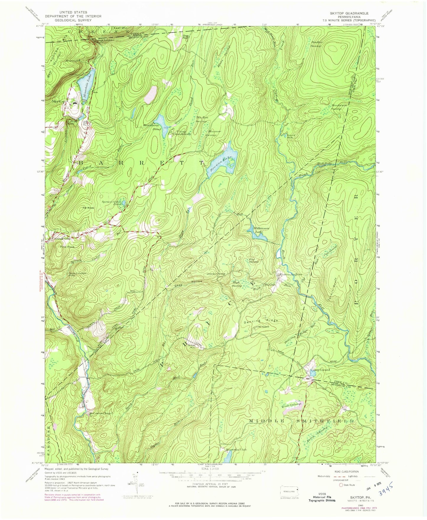 Classic USGS Skytop Pennsylvania 7.5'x7.5' Topo Map Image