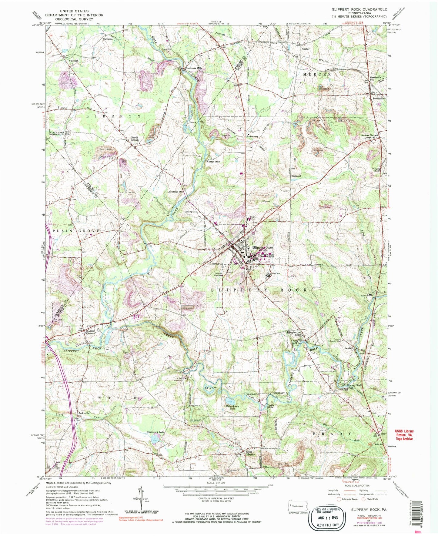 Classic USGS Slippery Rock Pennsylvania 7.5'x7.5' Topo Map Image