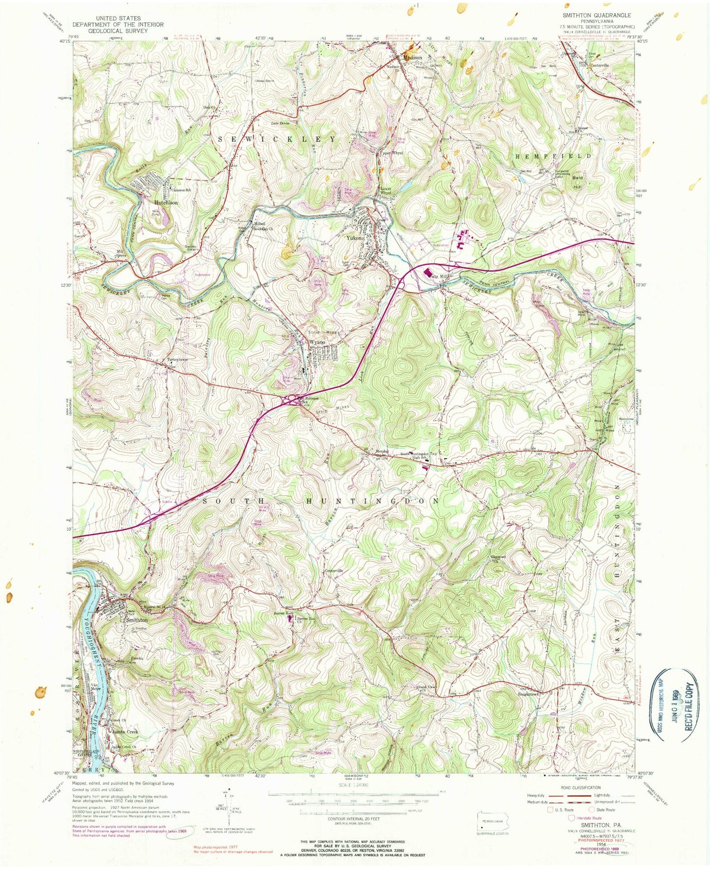 Classic USGS Smithton Pennsylvania 7.5'x7.5' Topo Map Image