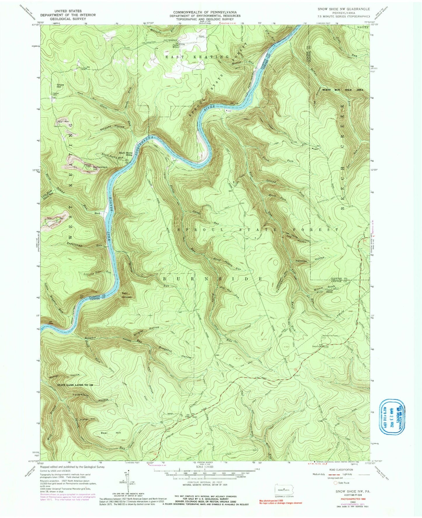 Classic USGS Snow Shoe NW Pennsylvania 7.5'x7.5' Topo Map Image