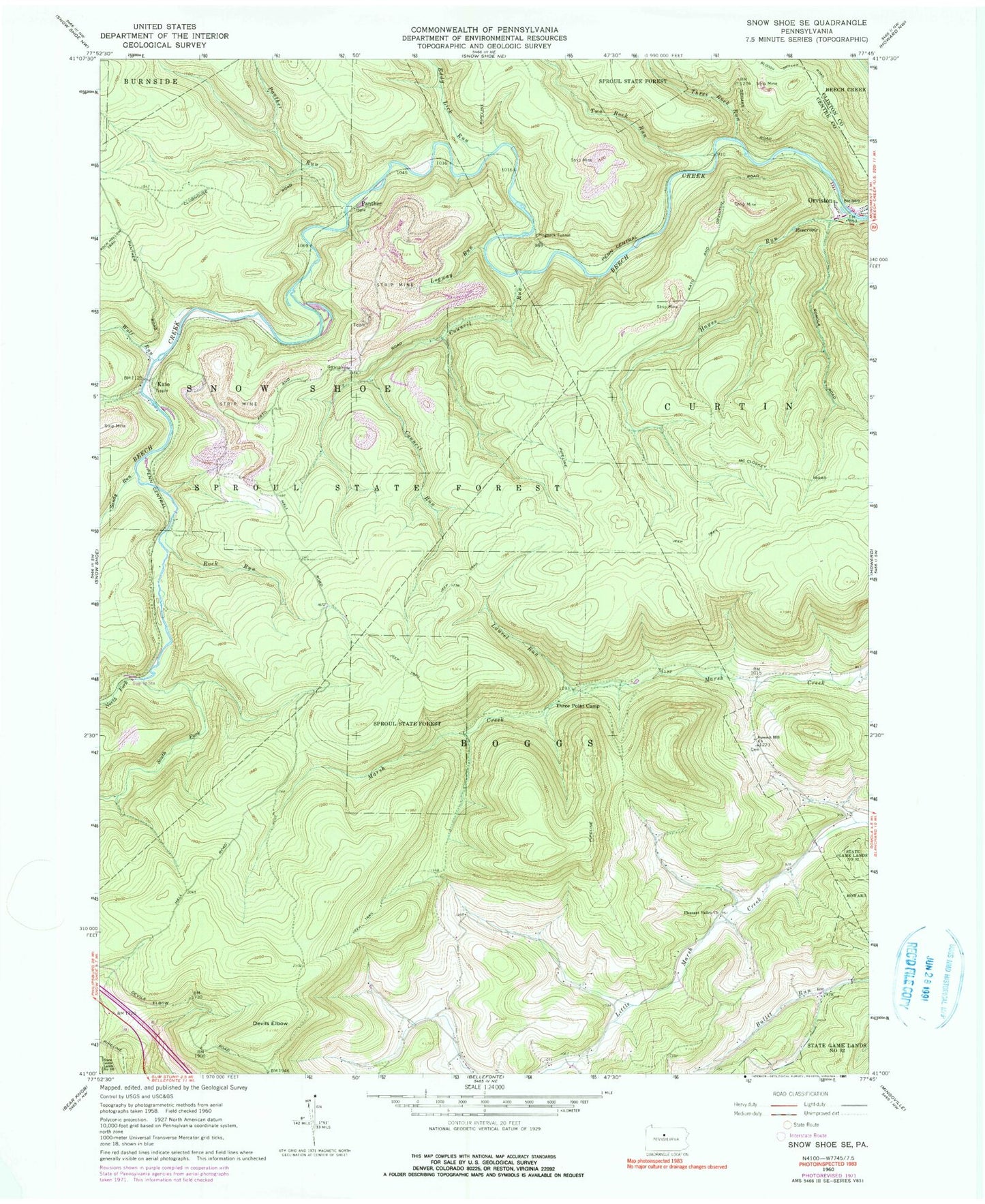 Classic USGS Snow Shoe SE Pennsylvania 7.5'x7.5' Topo Map Image