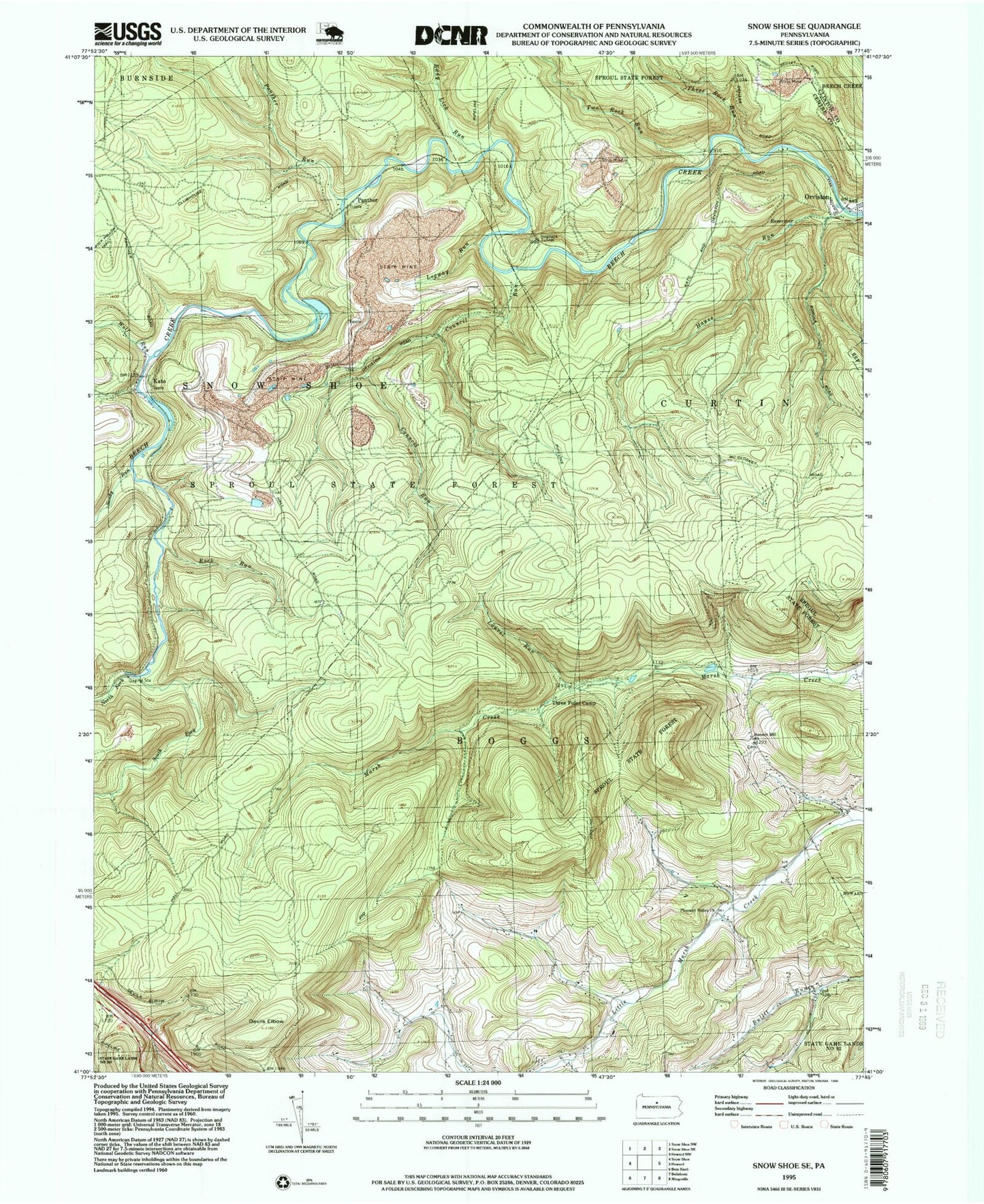 Classic USGS Snow Shoe SE Pennsylvania 7.5'x7.5' Topo Map Image