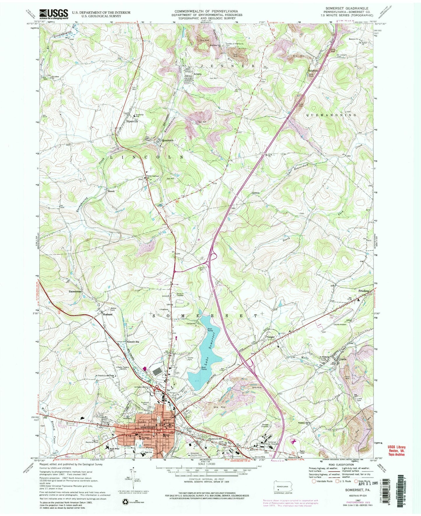 Classic USGS Somerset Pennsylvania 7.5'x7.5' Topo Map Image