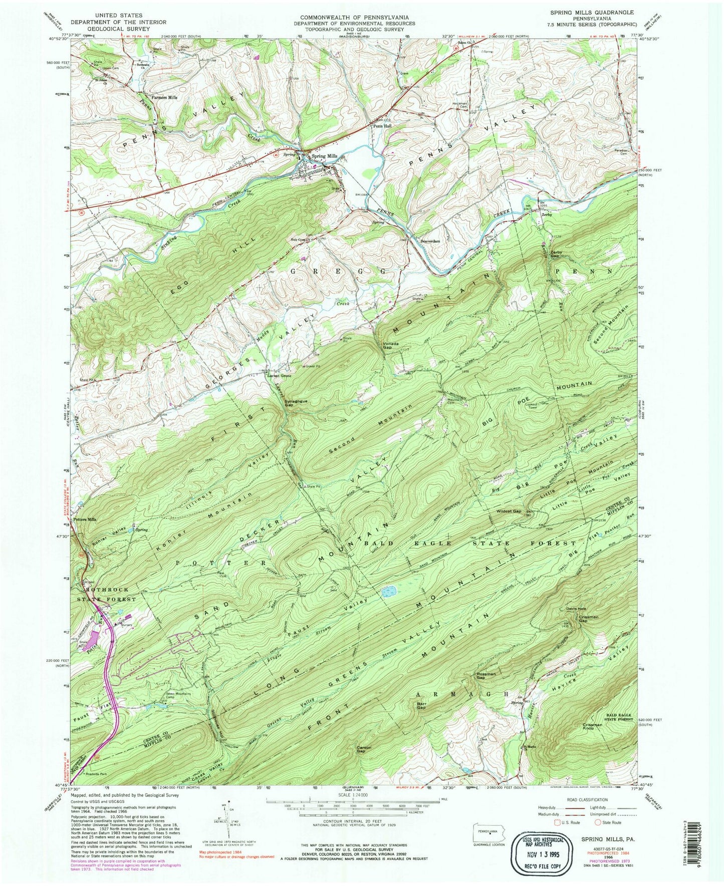 Classic USGS Spring Mills Pennsylvania 7.5'x7.5' Topo Map Image
