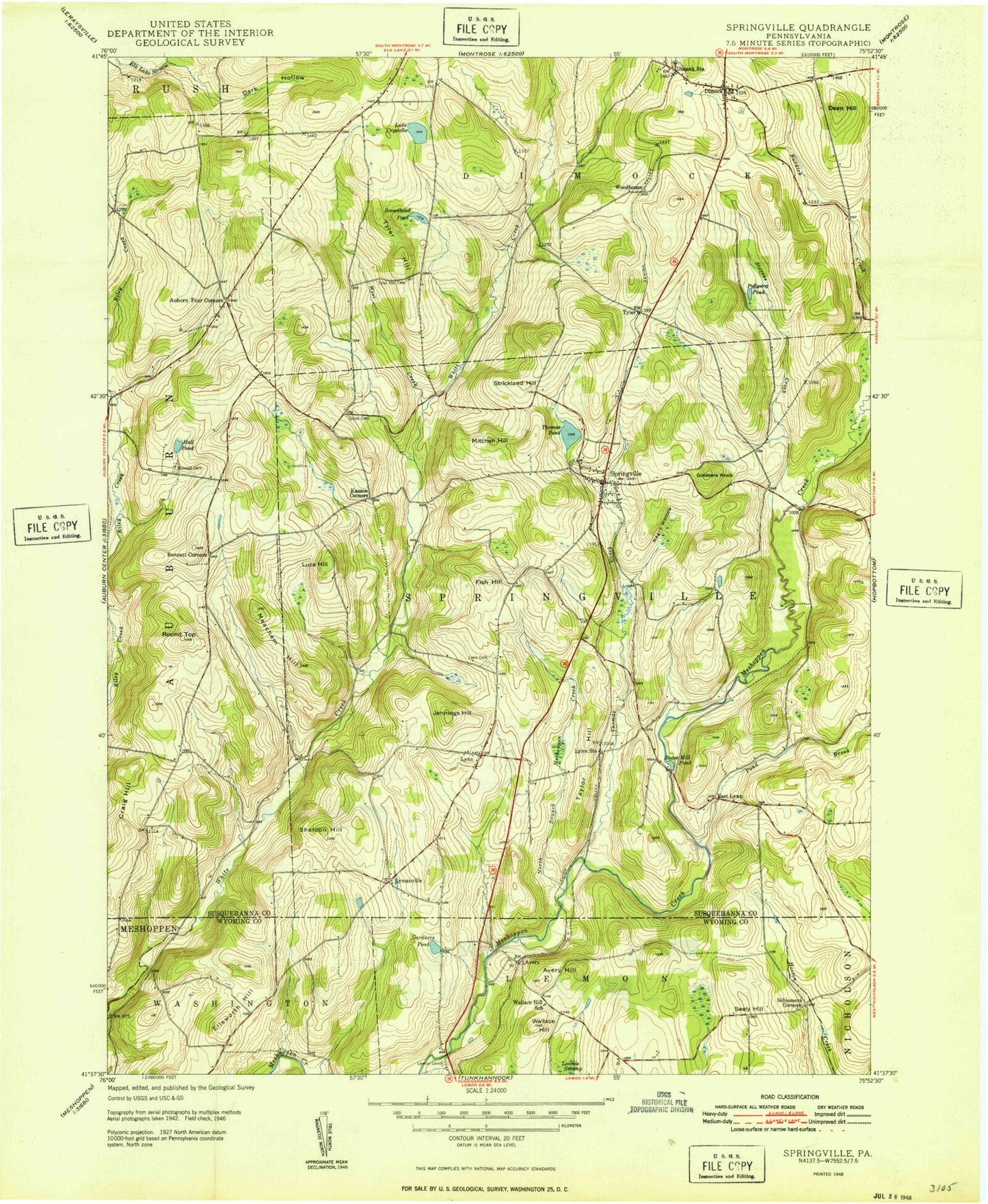 Classic USGS Springville Pennsylvania 7.5'x7.5' Topo Map Image