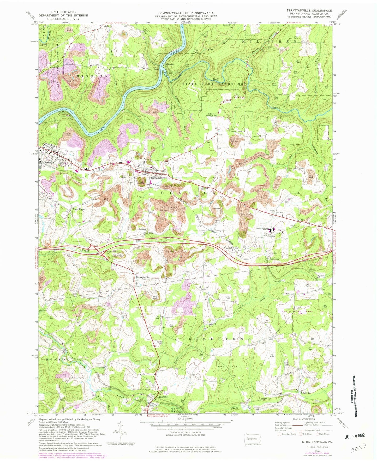 Classic USGS Strattanville Pennsylvania 7.5'x7.5' Topo Map Image
