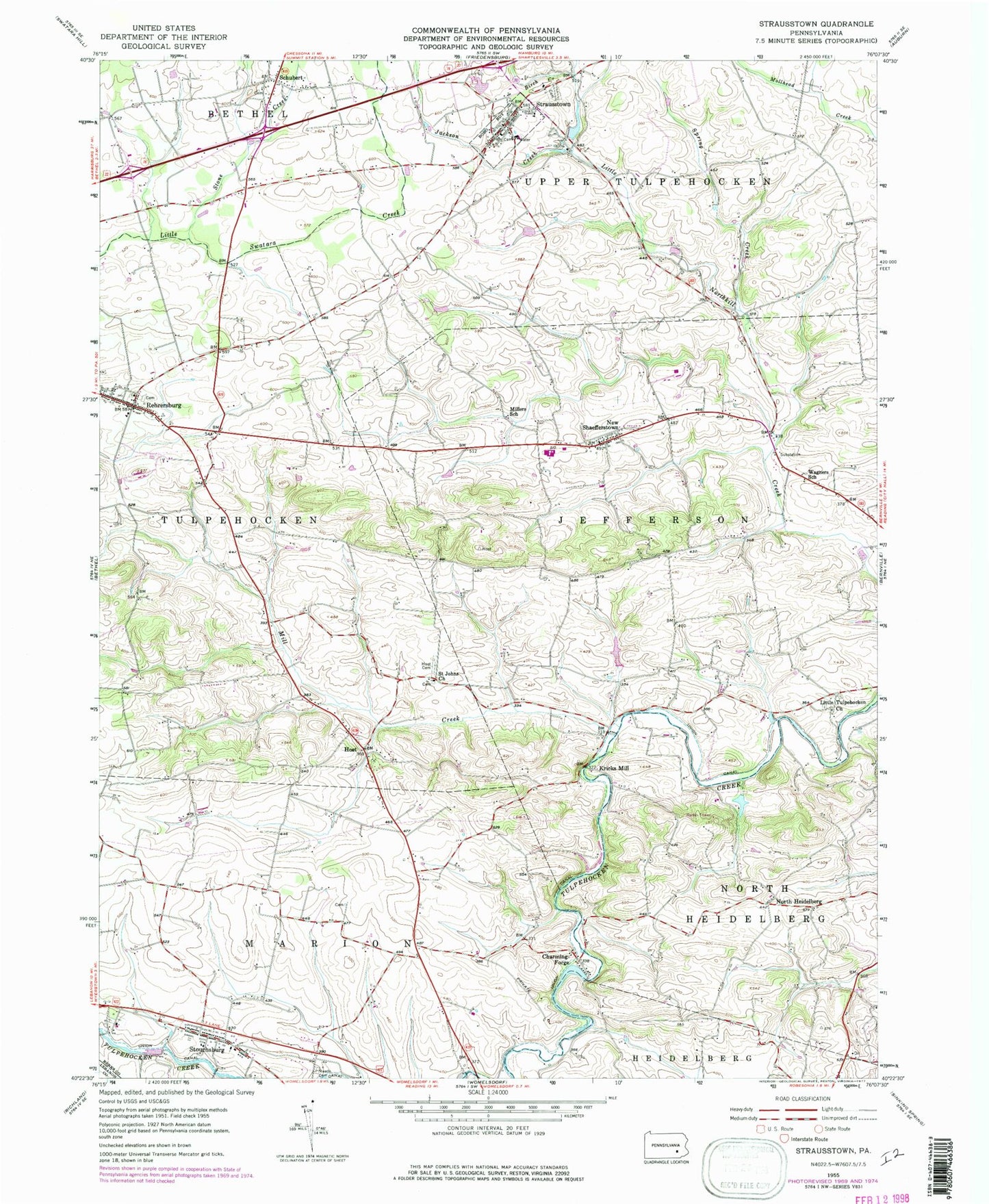 Classic USGS Strausstown Pennsylvania 7.5'x7.5' Topo Map Image