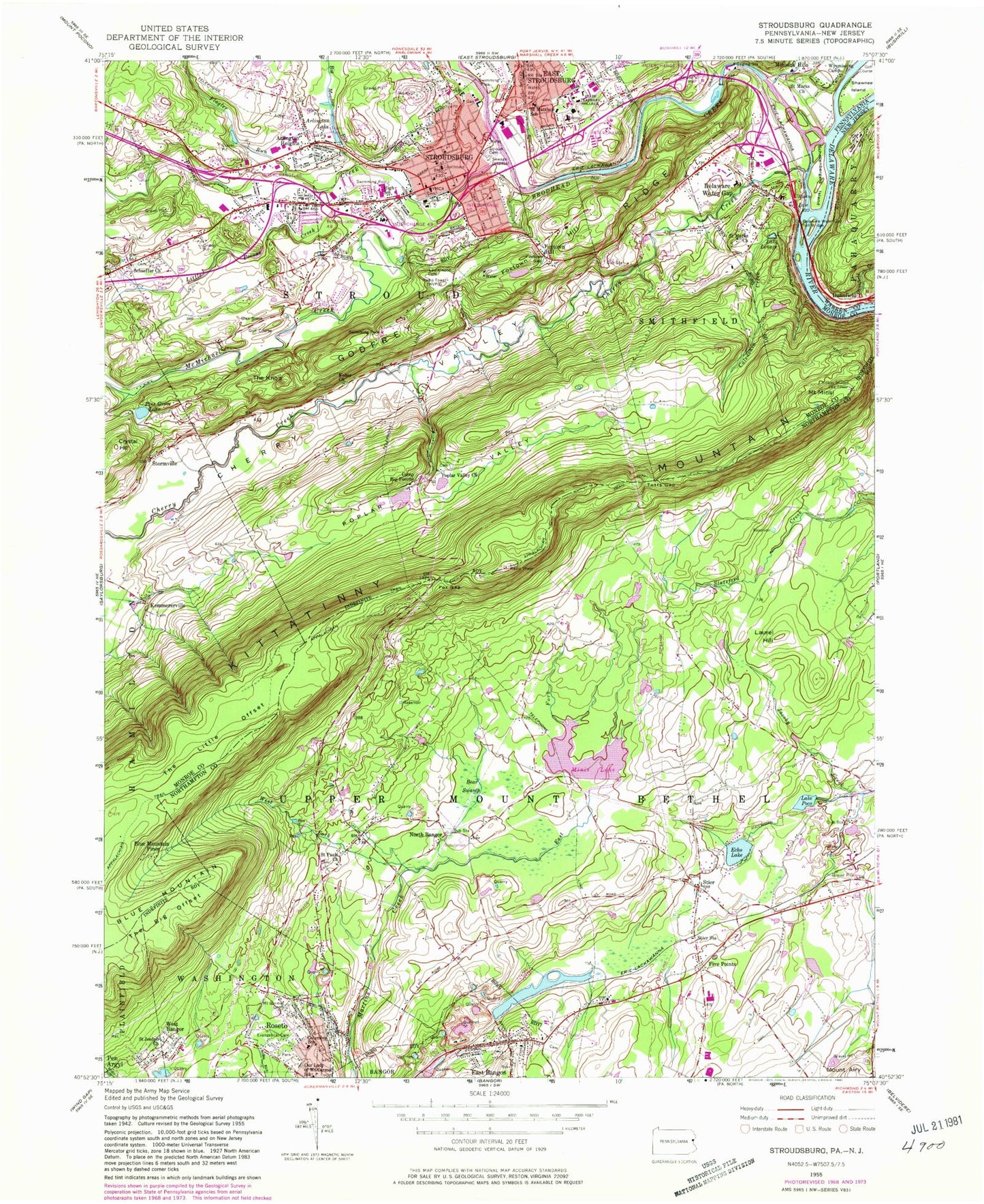 Classic USGS Stroudsburg Pennsylvania 7.5'x7.5' Topo Map Image