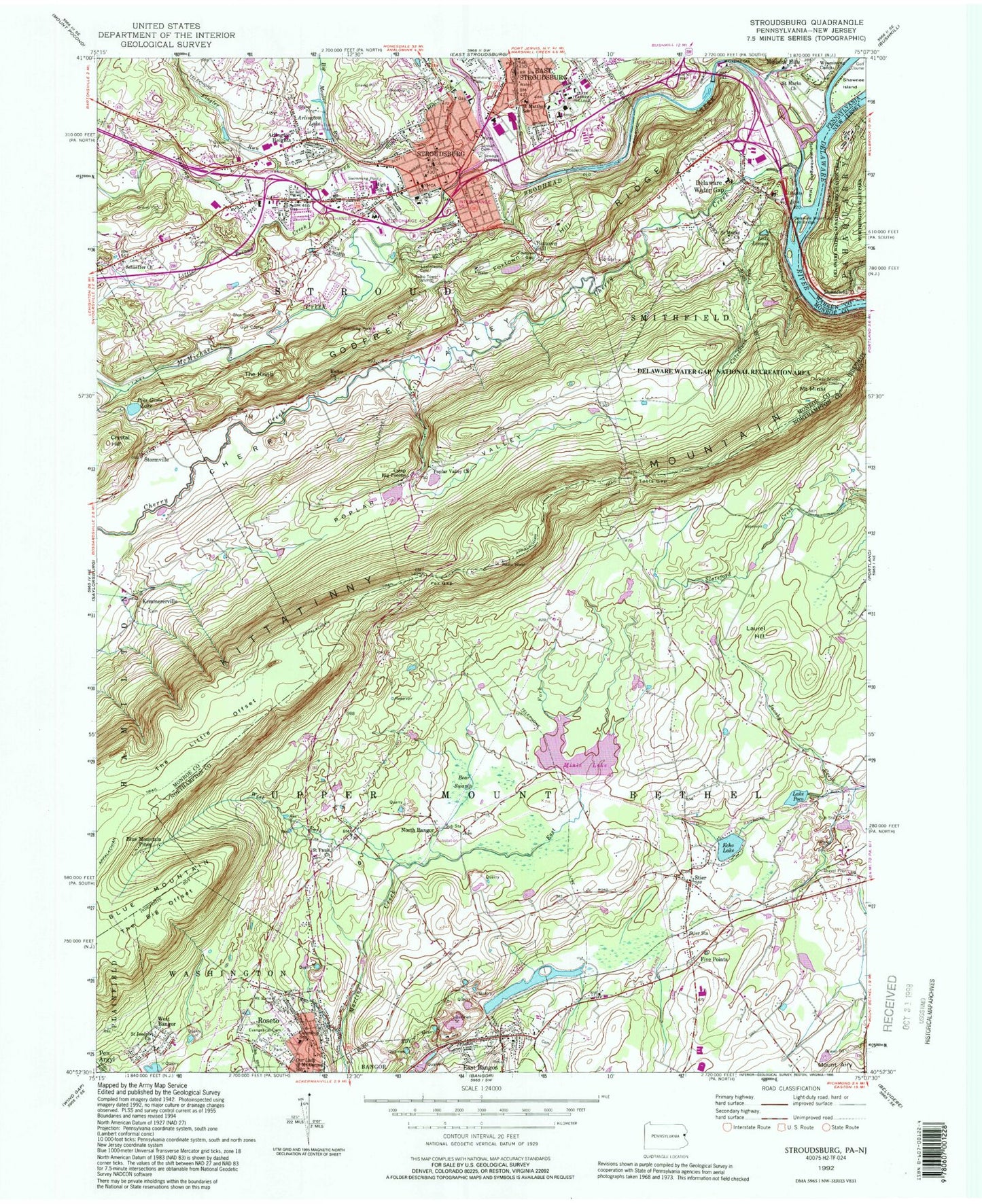 Classic USGS Stroudsburg Pennsylvania 7.5'x7.5' Topo Map Image