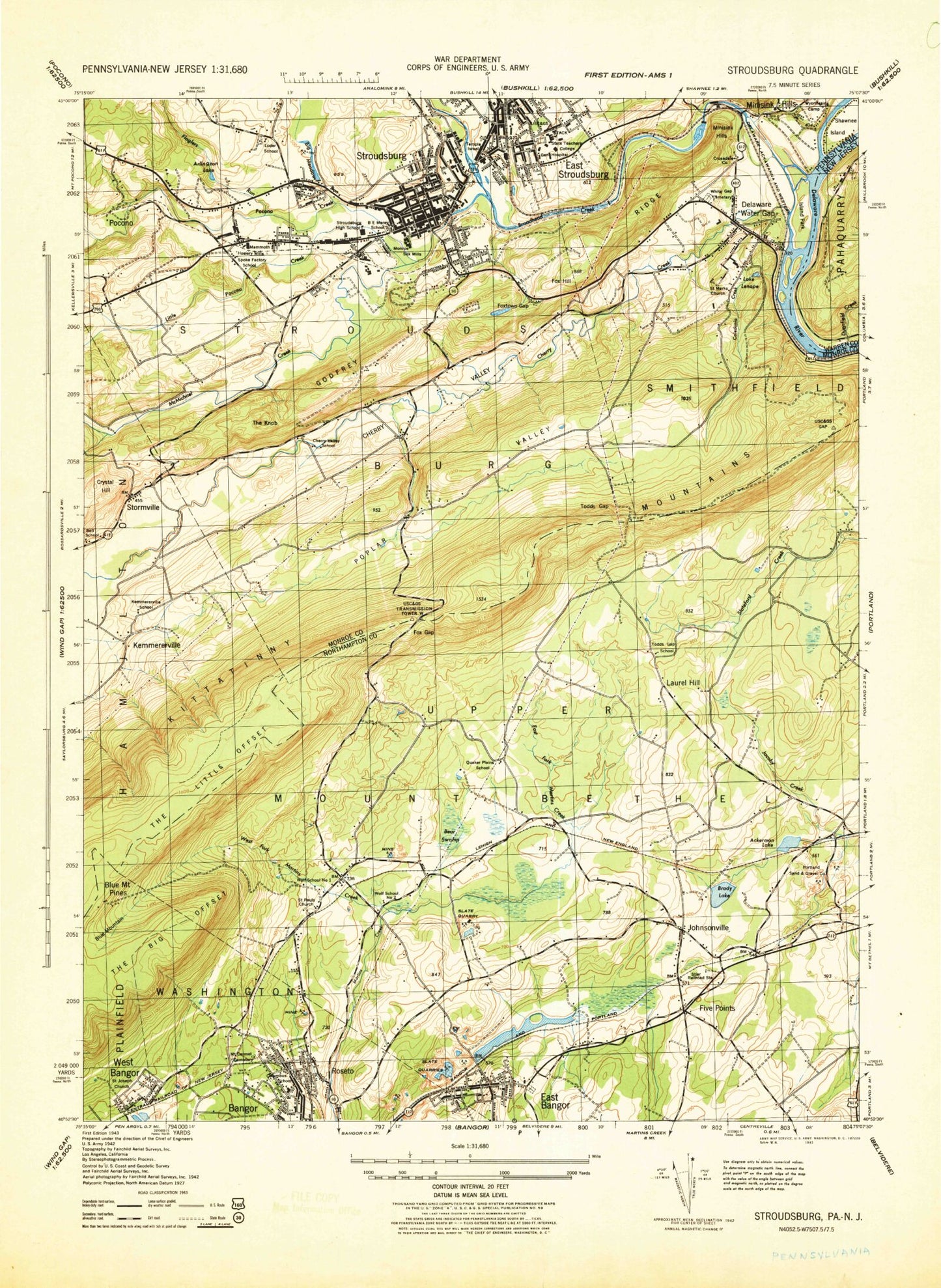 Classic USGS Stroudsburg Pennsylvania 7.5'x7.5' Topo Map Image