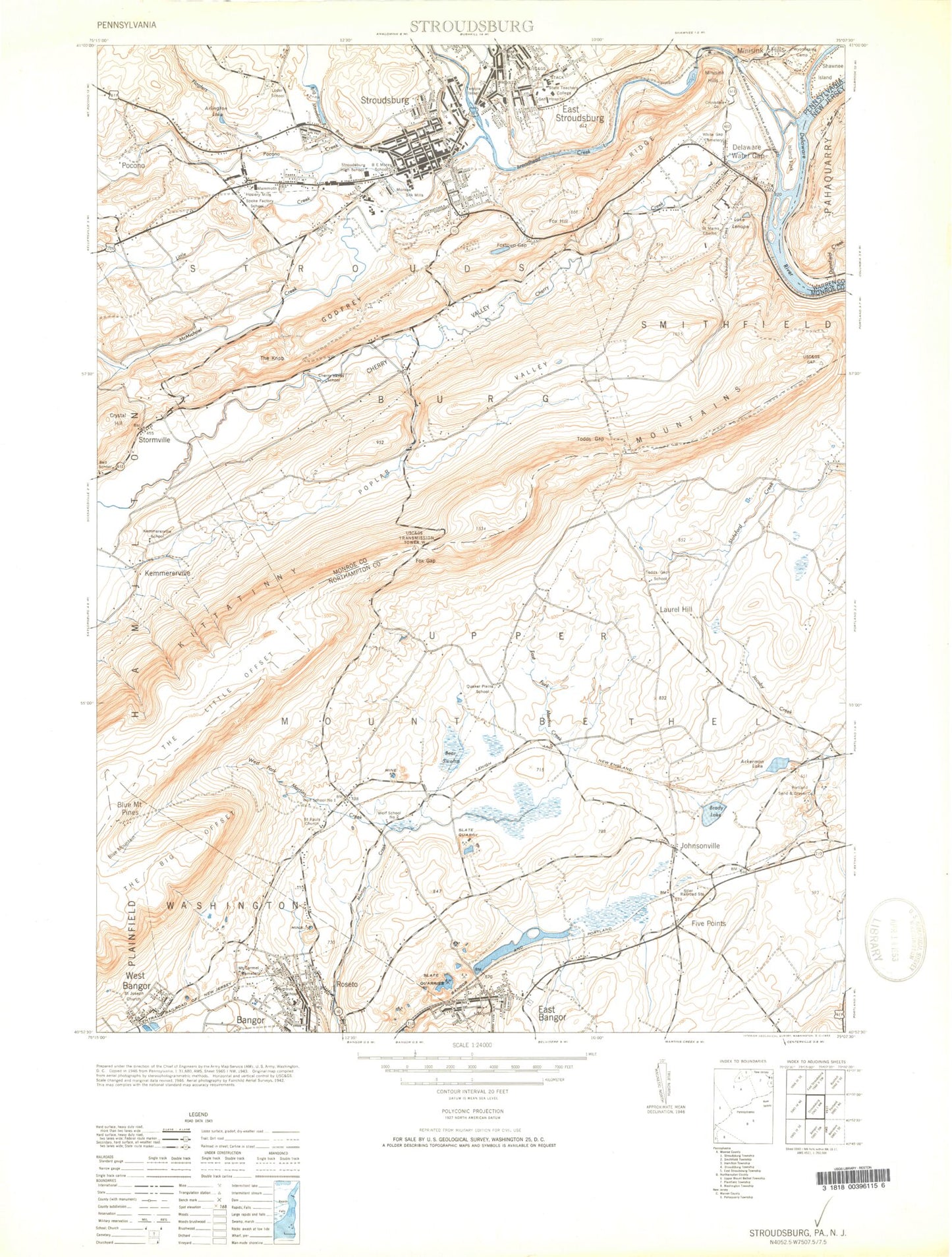 Classic USGS Stroudsburg Pennsylvania 7.5'x7.5' Topo Map Image