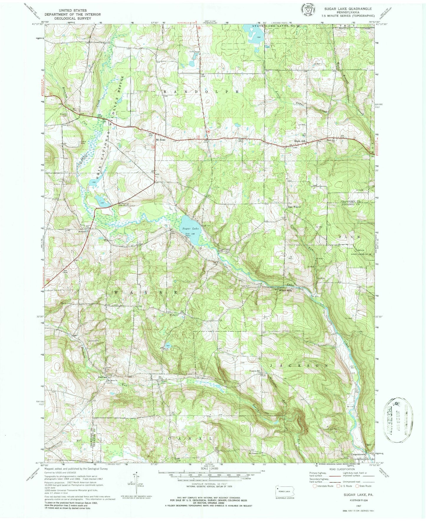 Classic USGS Sugar Lake Pennsylvania 7.5'x7.5' Topo Map Image