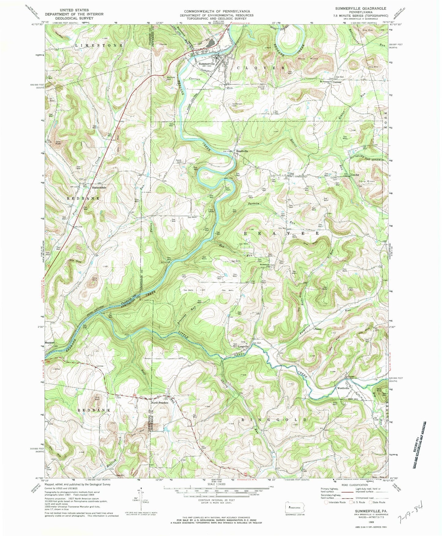 Classic USGS Summerville Pennsylvania 7.5'x7.5' Topo Map Image