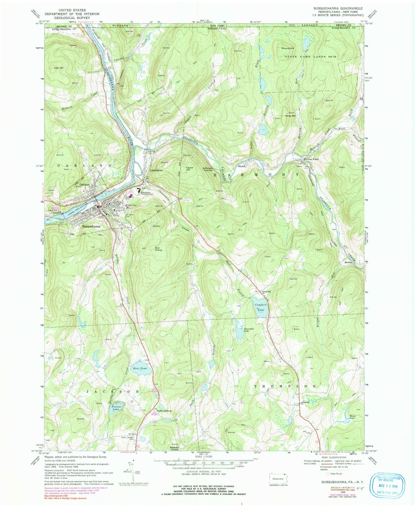 Classic USGS Susquehanna Pennsylvania 7.5'x7.5' Topo Map Image