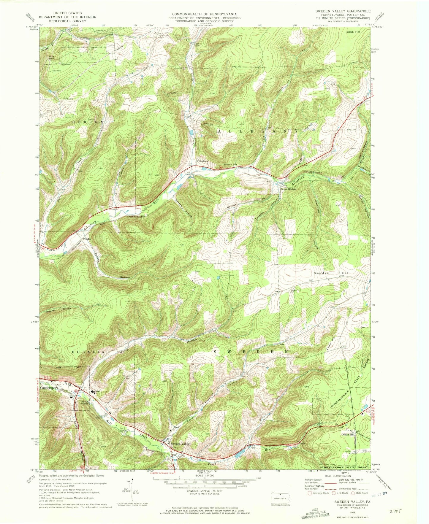 Classic USGS Sweden Valley Pennsylvania 7.5'x7.5' Topo Map Image