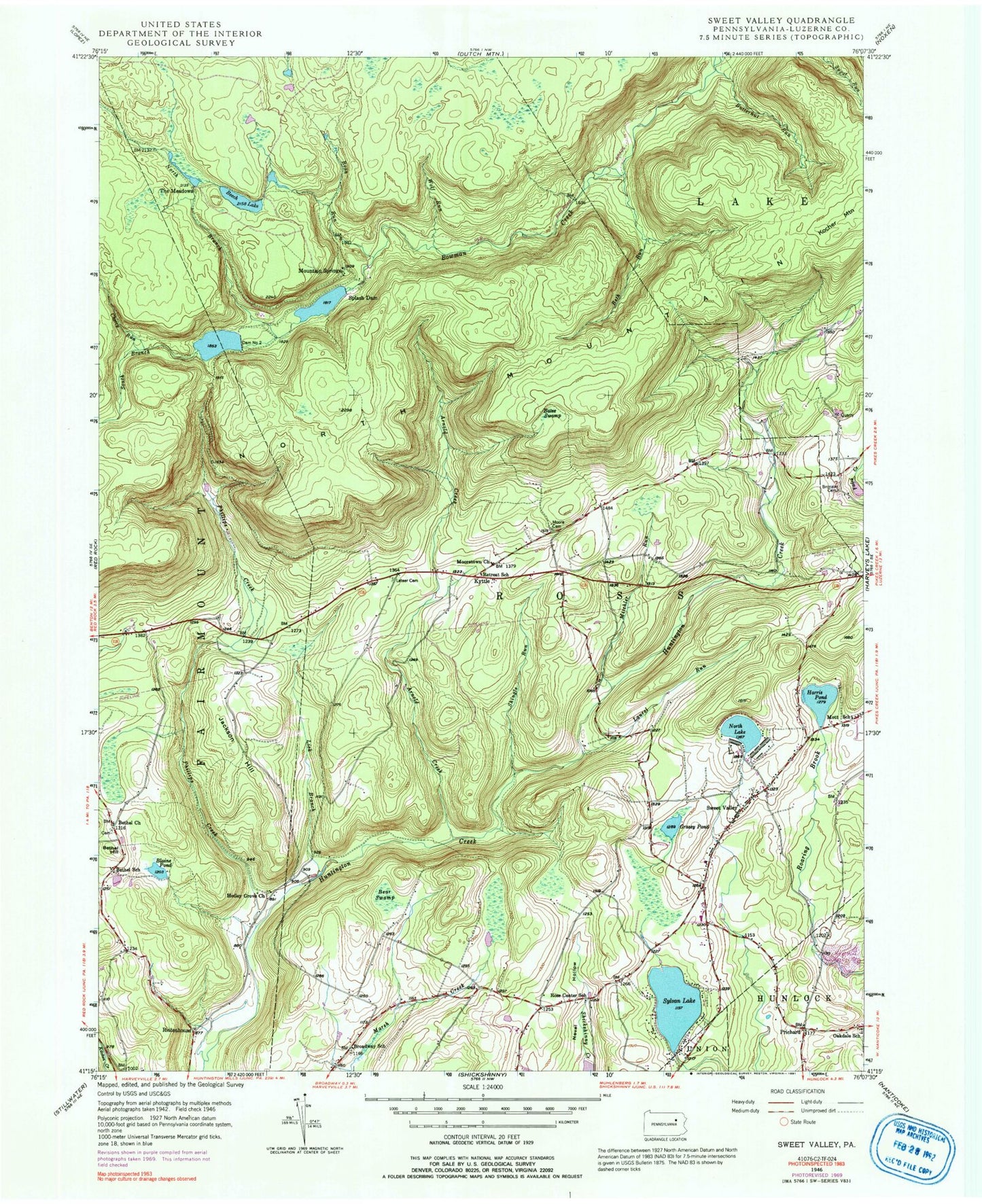 Classic USGS Sweet Valley Pennsylvania 7.5'x7.5' Topo Map Image