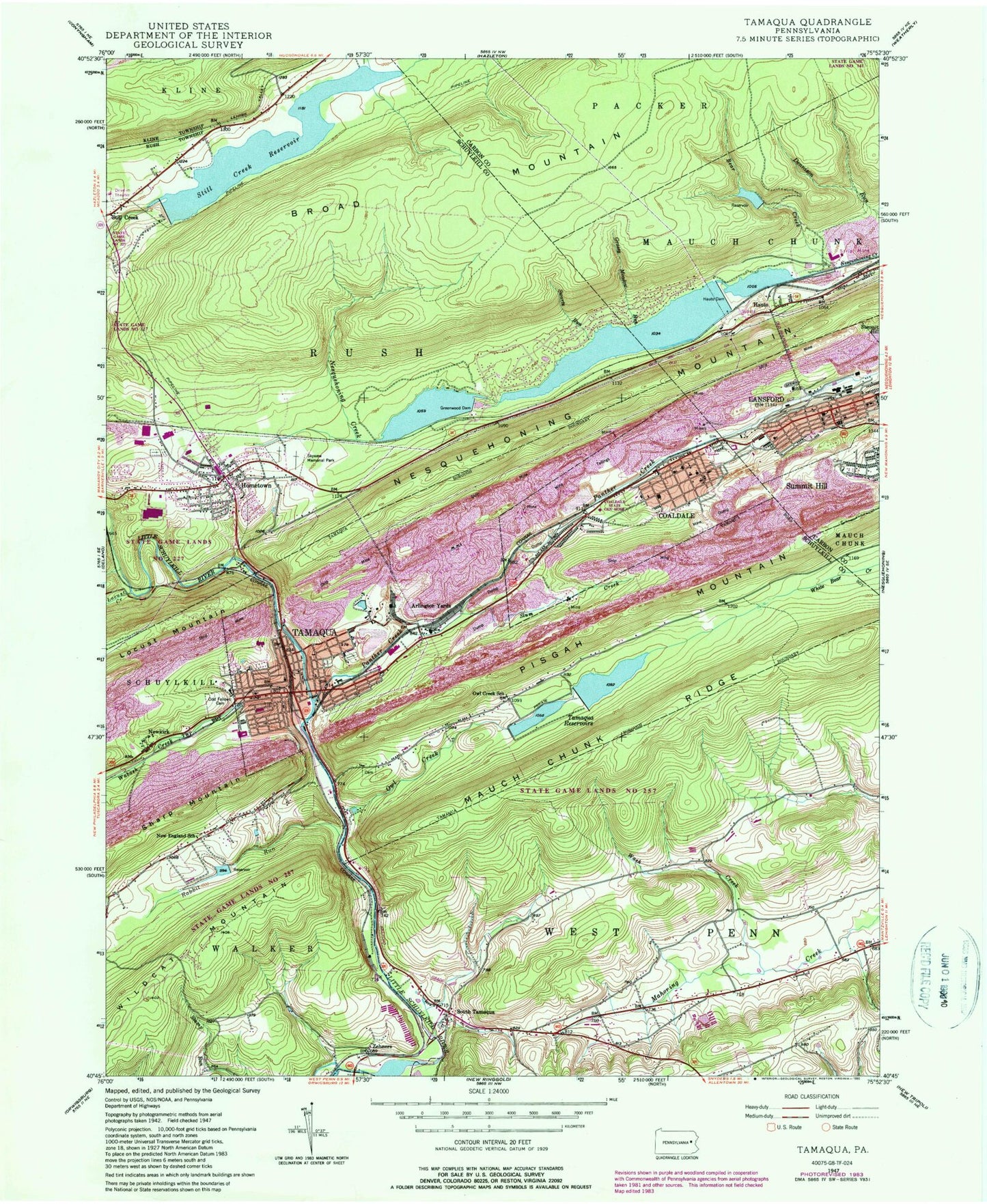 Classic USGS Tamaqua Pennsylvania 7.5'x7.5' Topo Map Image
