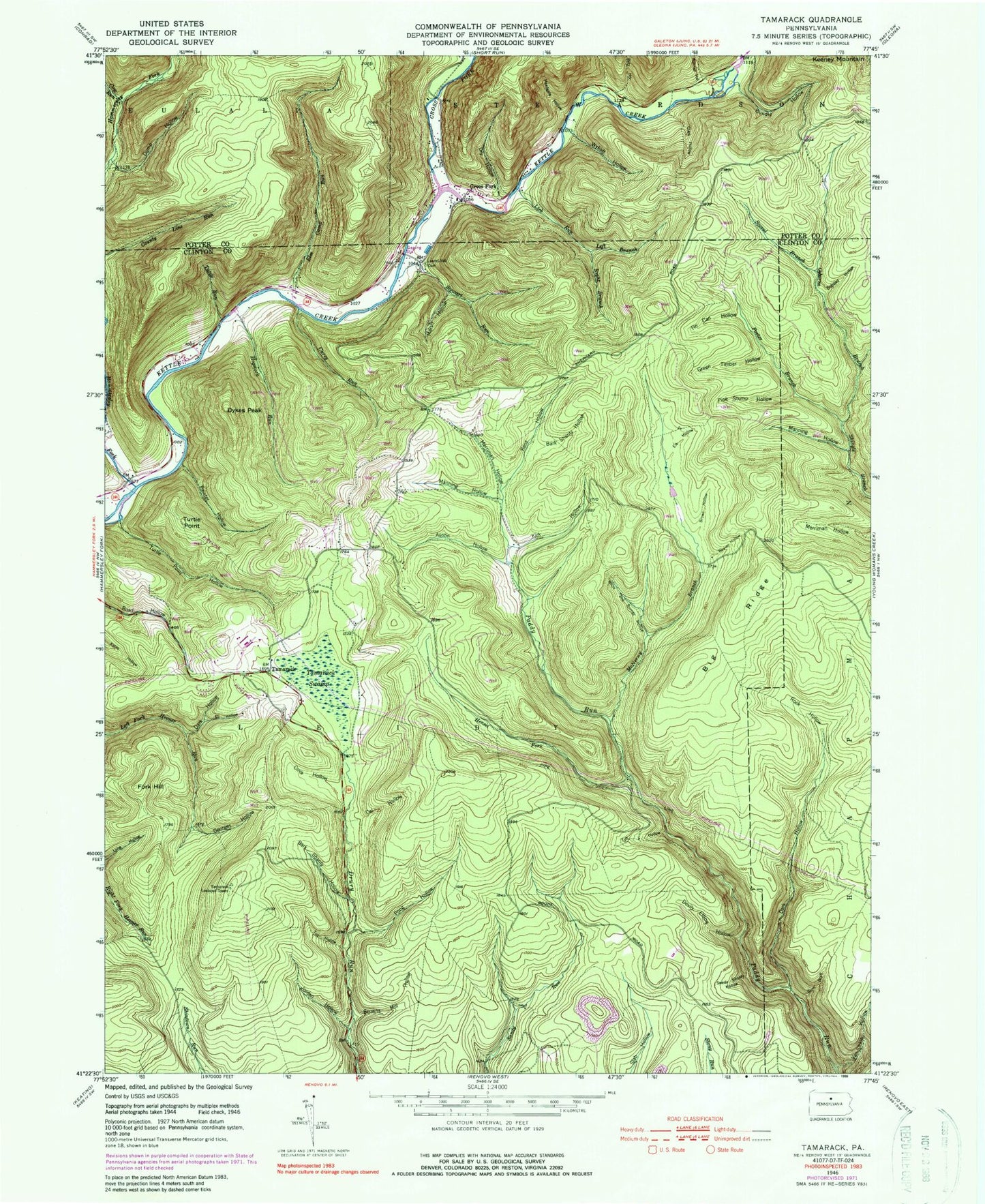 Classic USGS Tamarack Pennsylvania 7.5'x7.5' Topo Map Image