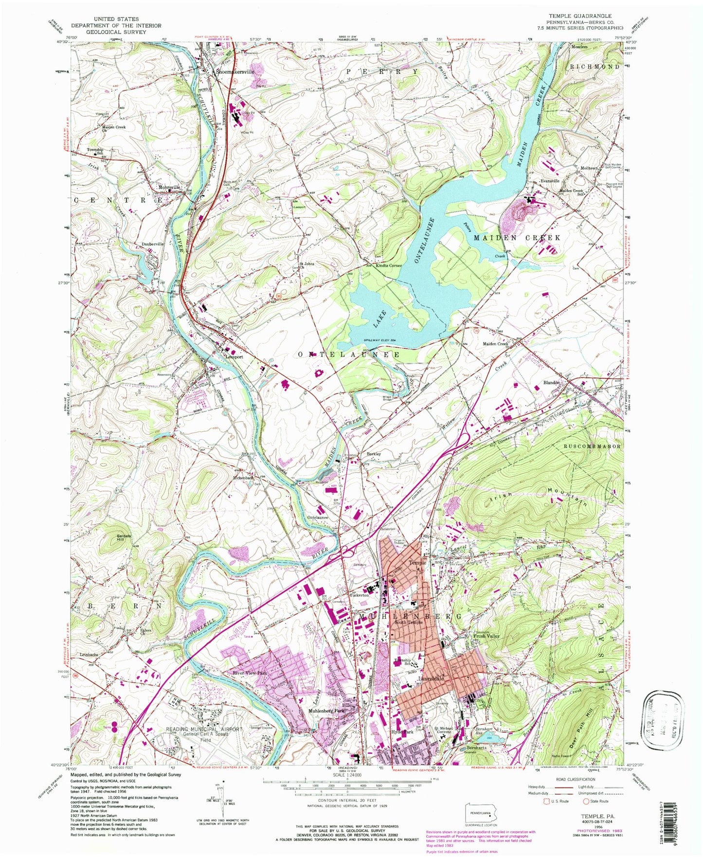Classic USGS Temple Pennsylvania 7.5'x7.5' Topo Map Image