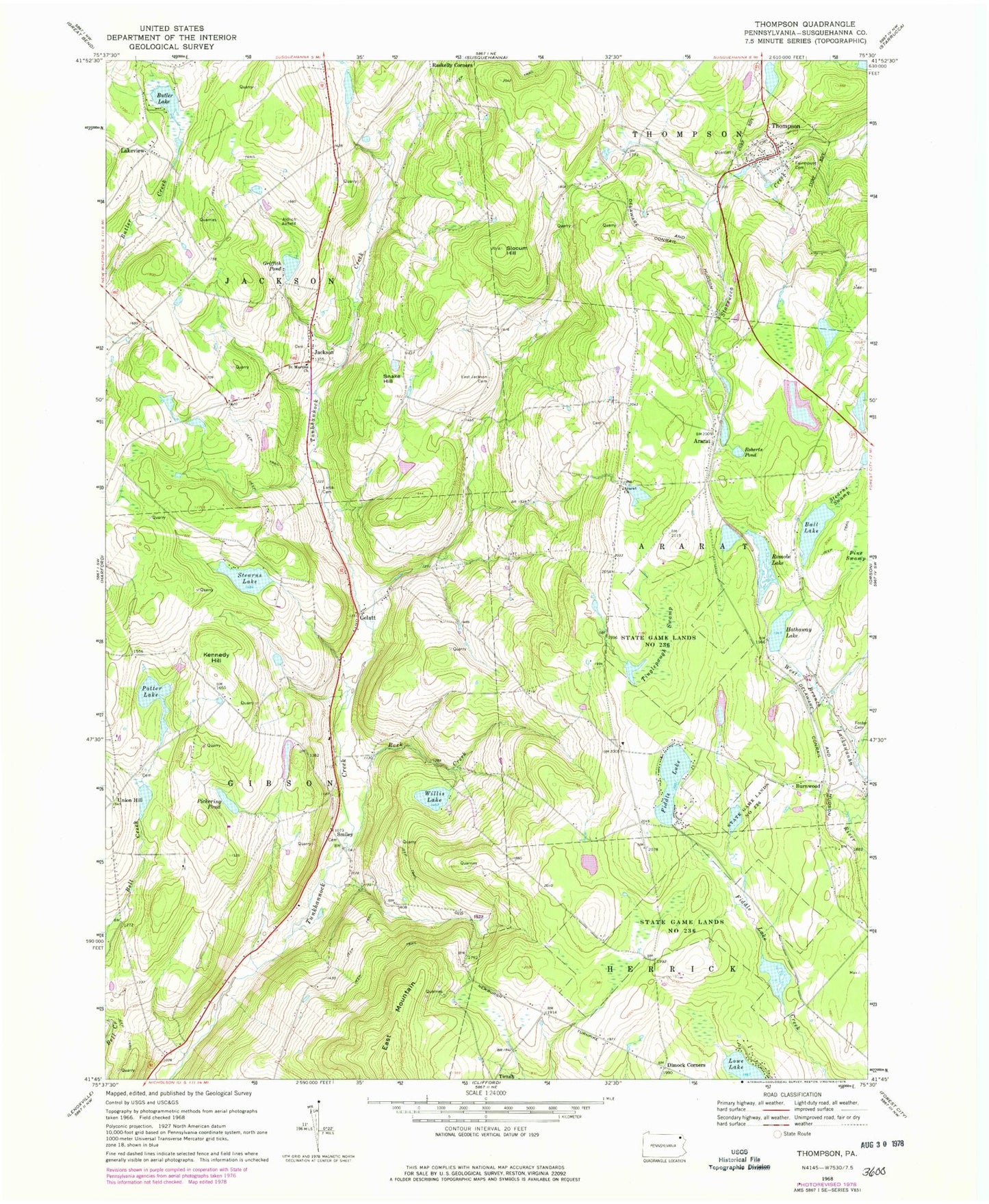 Classic USGS Thompson Pennsylvania 7.5'x7.5' Topo Map Image
