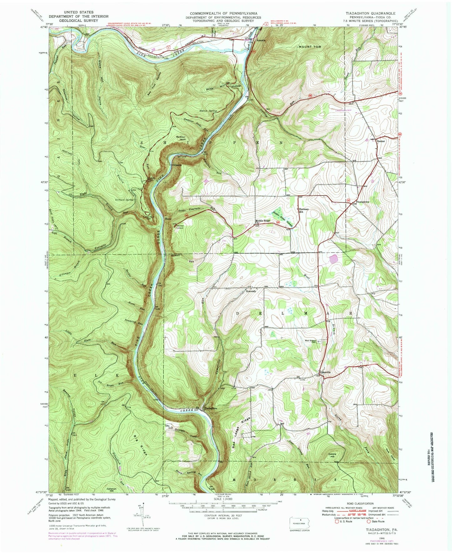 Classic USGS Tiadaghton Pennsylvania 7.5'x7.5' Topo Map Image
