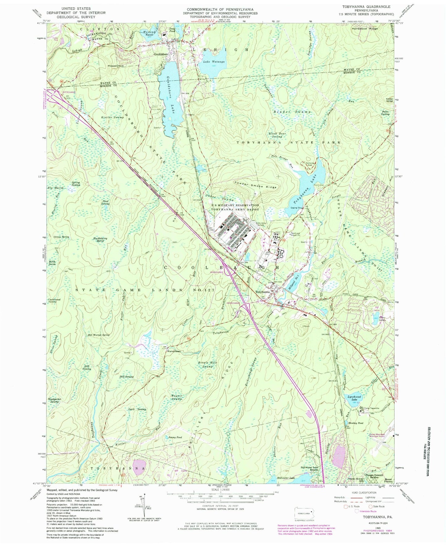 Classic USGS Tobyhanna Pennsylvania 7.5'x7.5' Topo Map Image