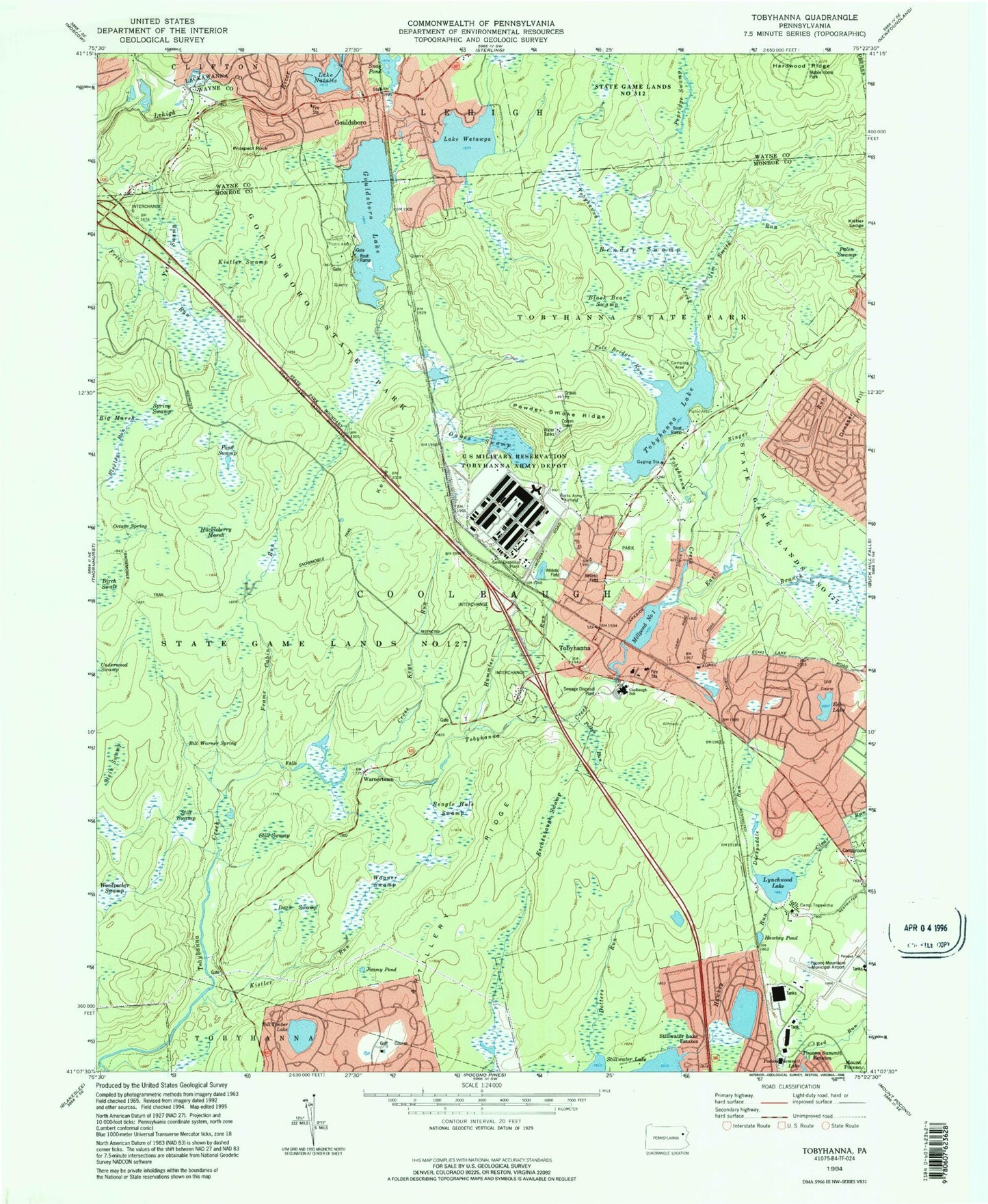 Classic USGS Tobyhanna Pennsylvania 7.5'x7.5' Topo Map Image