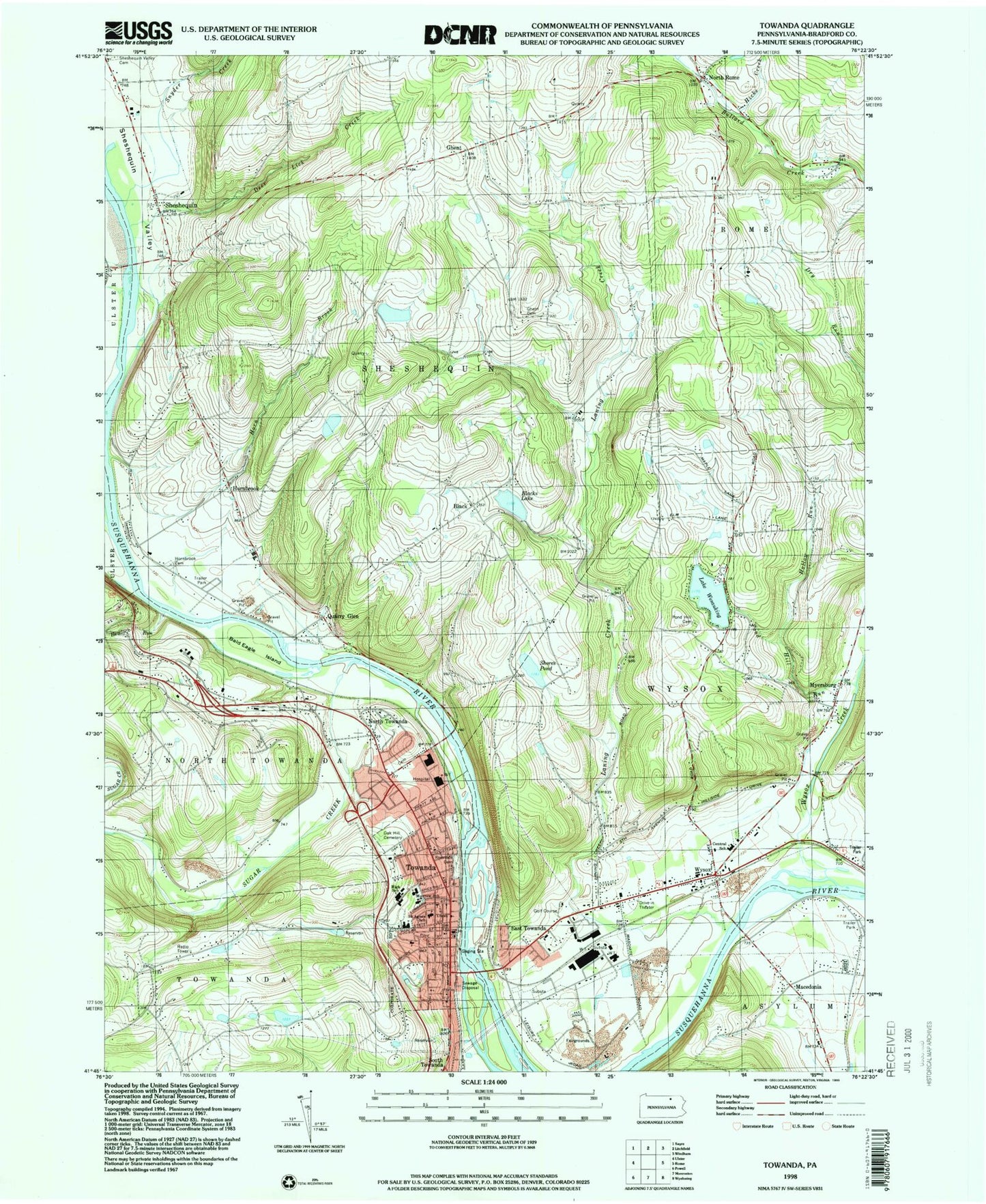 Classic USGS Towanda Pennsylvania 7.5'x7.5' Topo Map Image