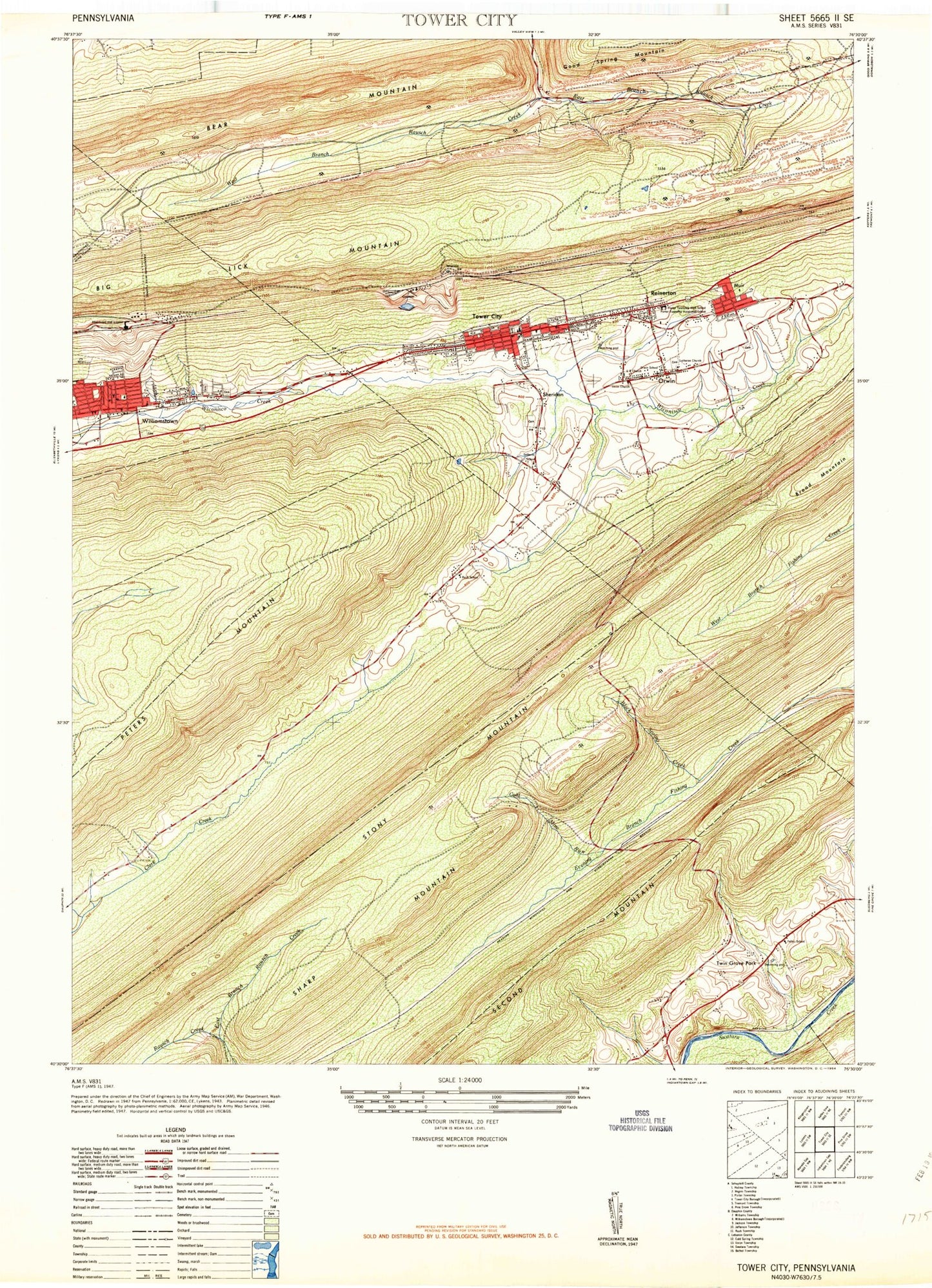 Classic USGS Tower City Pennsylvania 7.5'x7.5' Topo Map Image