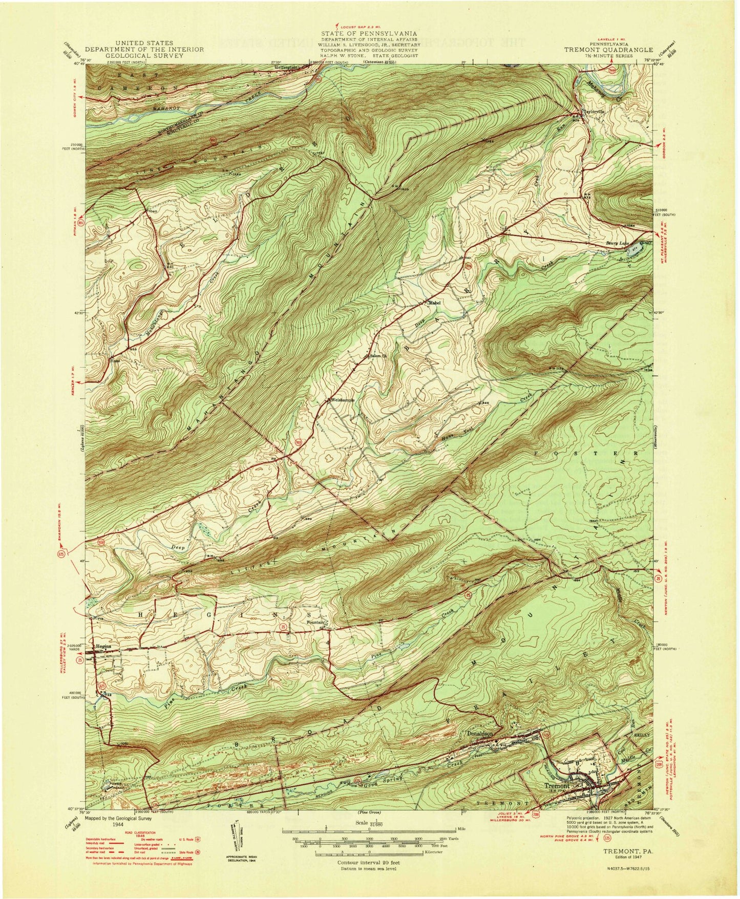 Classic USGS Tremont Pennsylvania 7.5'x7.5' Topo Map Image
